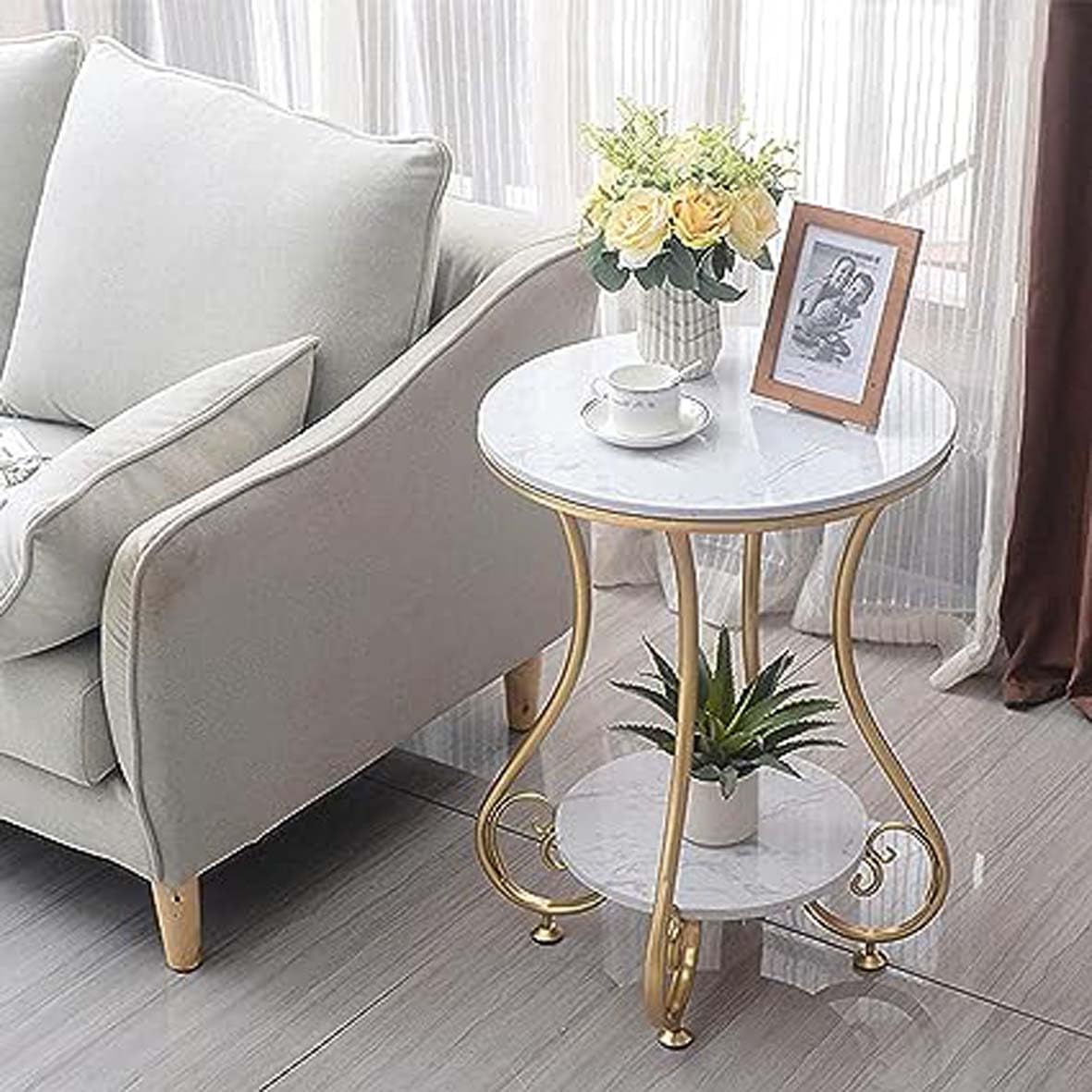 Teak Wood Art Round End Table Coffee Table Side Table Bedside Table Nightstand Side Corner for Living Room Bedroom (Gold White 1)-image-47