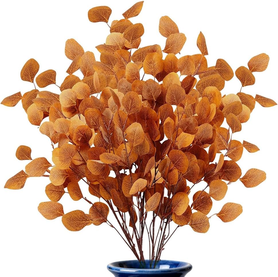 Fall Flowers Artificial for Outdoor Decoration, Fall Decor 6 Bundles Orange Eucalyptus Stems, UV Resistant Autumn Artificial Plants for Home Porch Patio Garden Terrace and Room Table Decoration