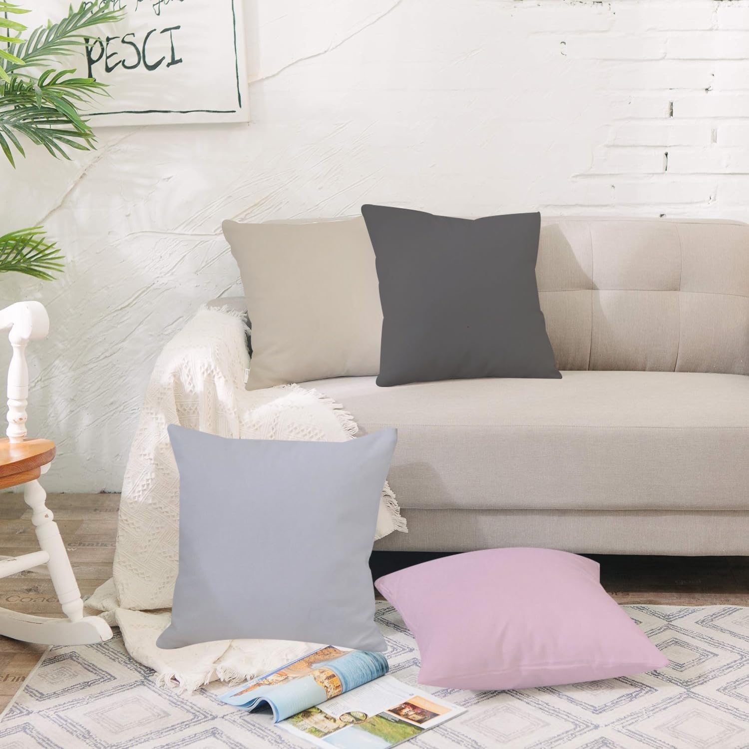 ggaimwf Solid Color Linen Look Cushion Covers for Sofa Light Color Throw Pillow for Bed Modern Style Morandi Color Handmade Square Cushion Cases with Invisible Zipper - Image 3