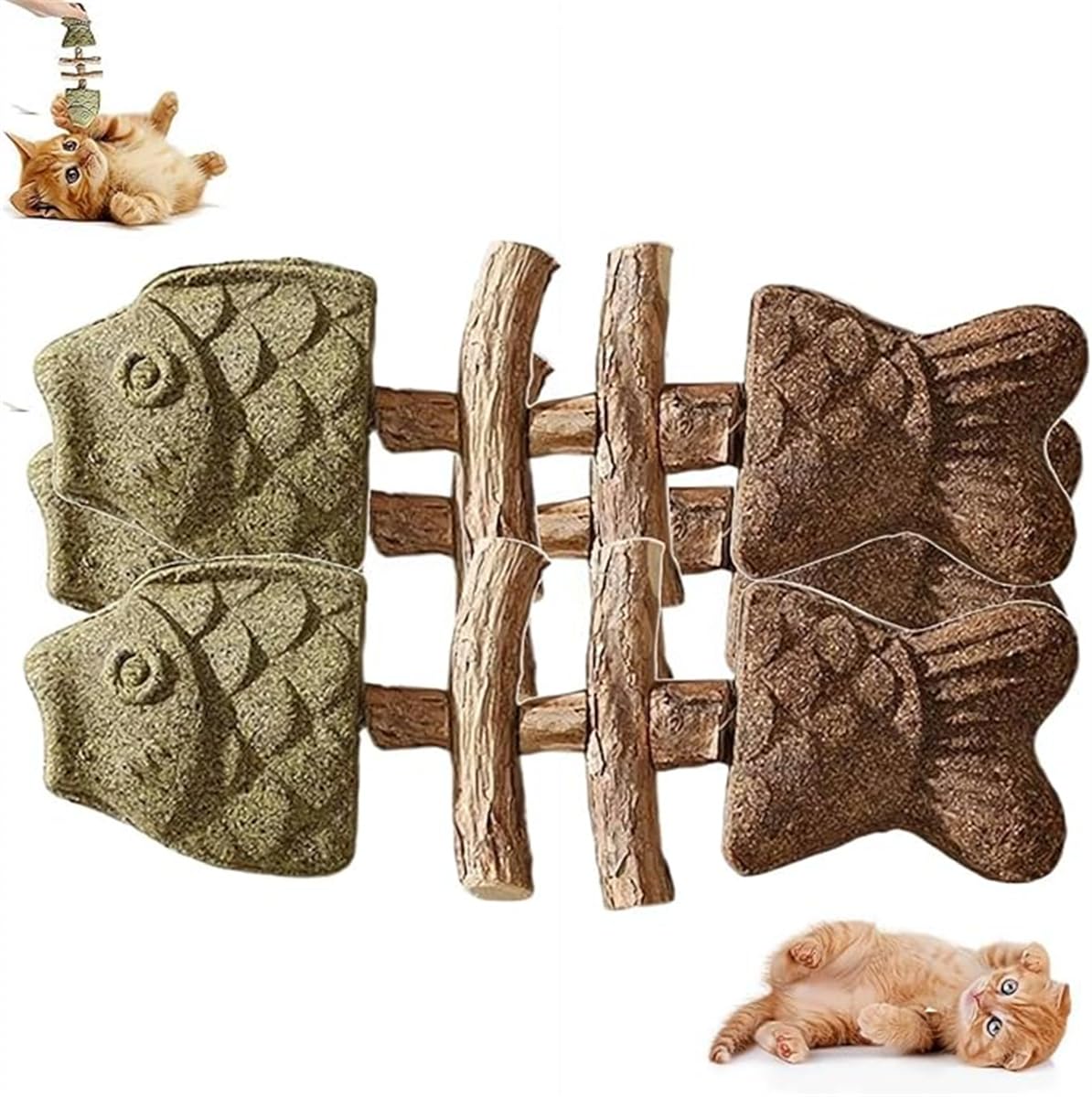 Giurui Fix Your Cat’s Dental Health – Wooden Catnip Teeth Cleaning Stick, Creative Fish-Bone Cat Toy, Durable Feline Tooth Care Tool, Multi-Flavor Choices, Interactive Toys for Cat (Green Brown*3)