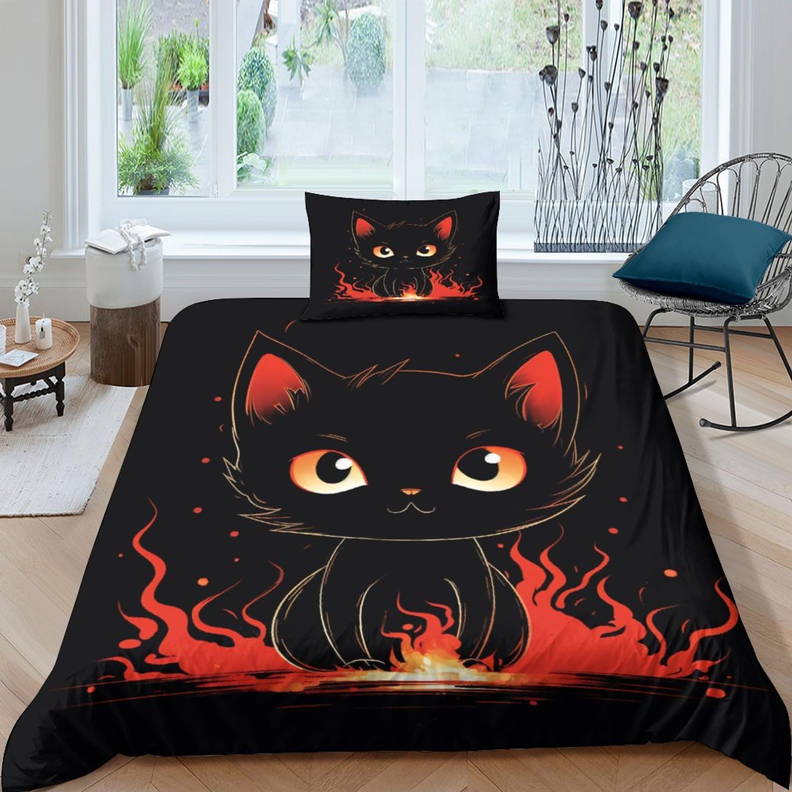 Housse de couette chat noir 3D 135x200 microfibre avec taies d'oreiller