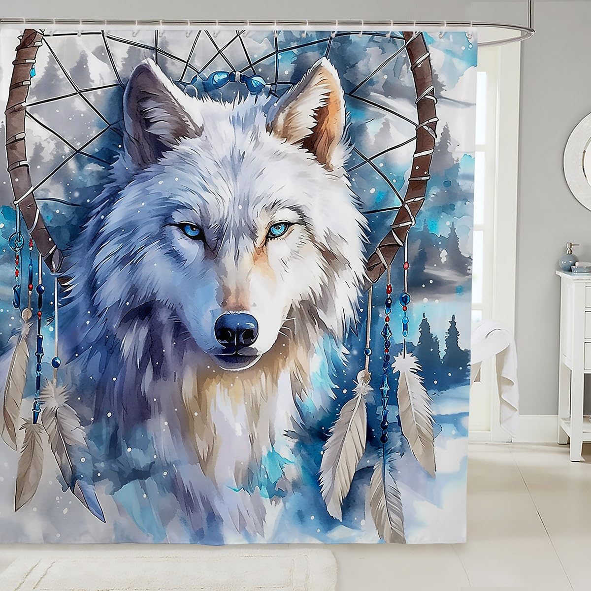 Rideau de douche loup tie-dye style bohème sauvage pour salle de bain 183cm avec 12 crochets