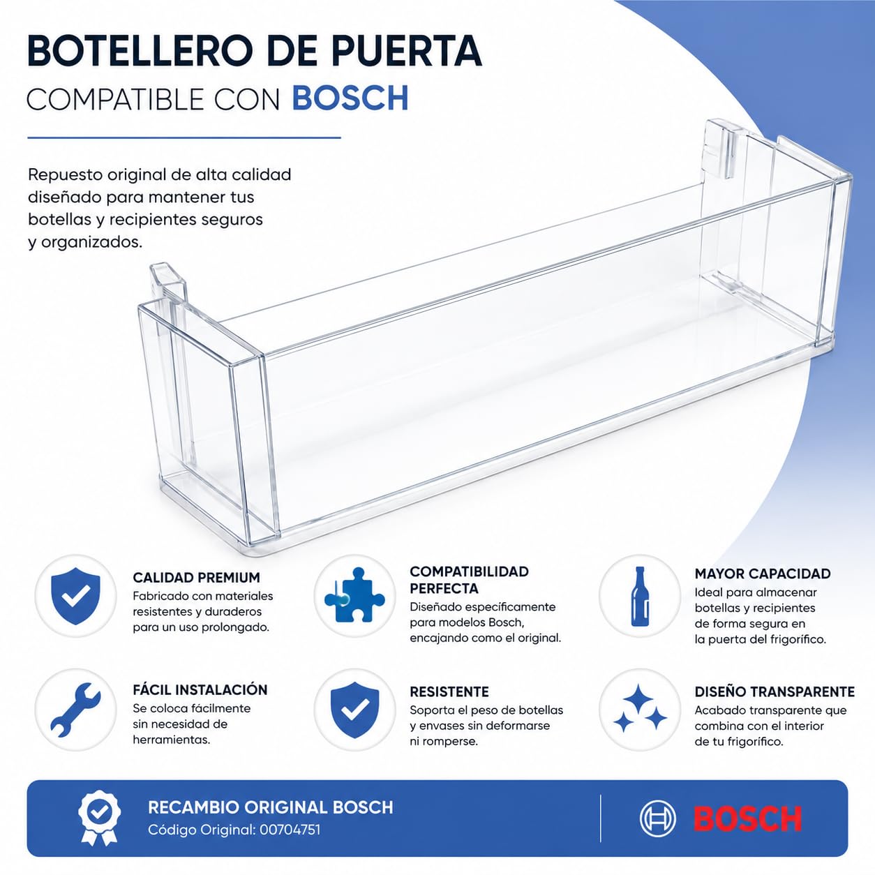 CABLEPELADO - Bandeja Botellero de Puerta Compatible con Bosch | Soporte Inferior para Frigorífico (47x12.5x10 cm) | Recambio para Código 00704751