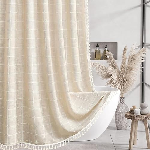 Colorigan Juego de cortina de ducha estilo bohemia/campestre - 72x72 pulgadas de tela rústica de lino, con borla, tela repelente al agua, cortinas