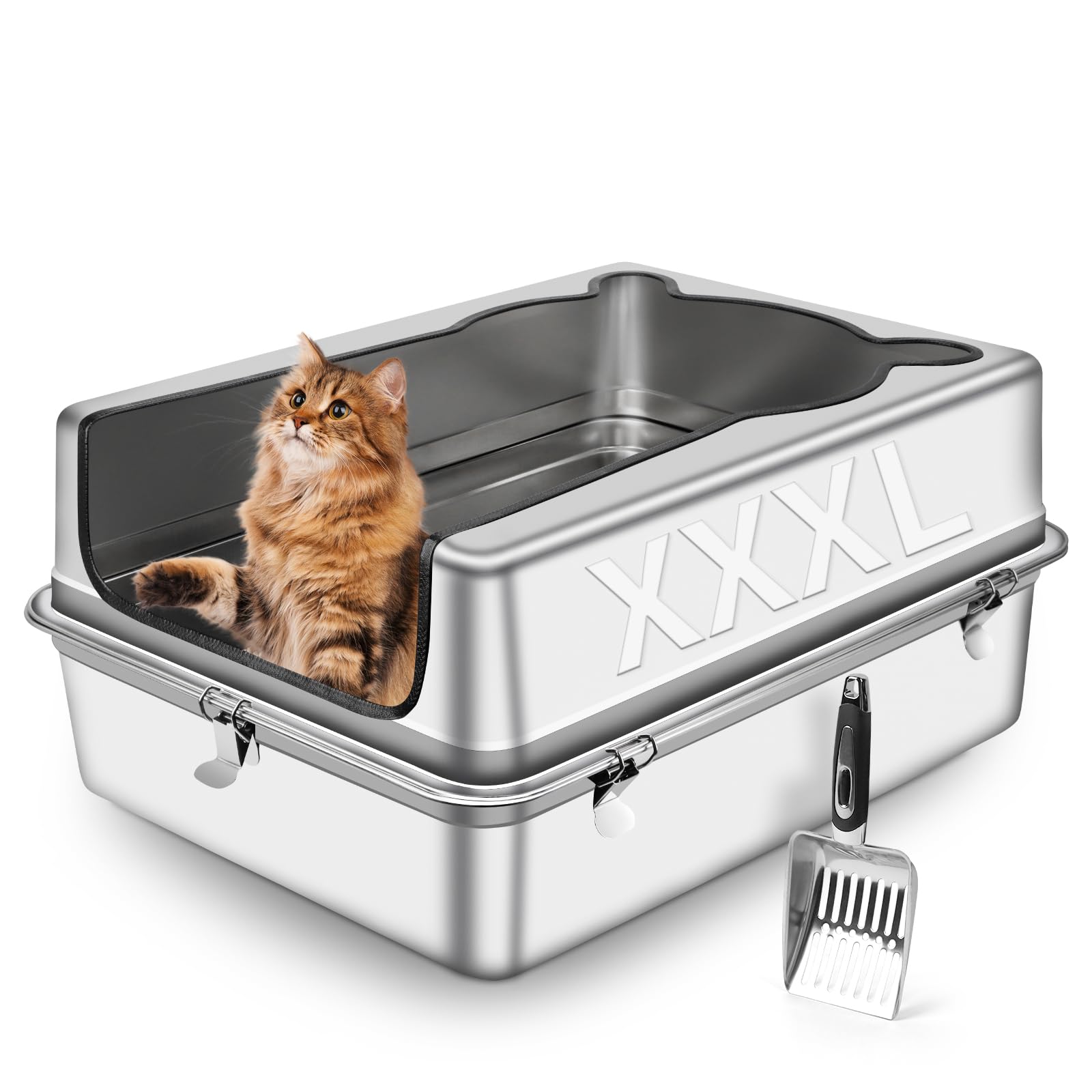Bartuke Extra Large Stainless Steel Cat Litter Box, 27.5" L x 20" W x 14" H XXXL Semi Enclosed Removable Metal Litter Tray with High Sided Enclosure, Scoop, Anti-Leakage, Non-Sticky, Easy Cleaning