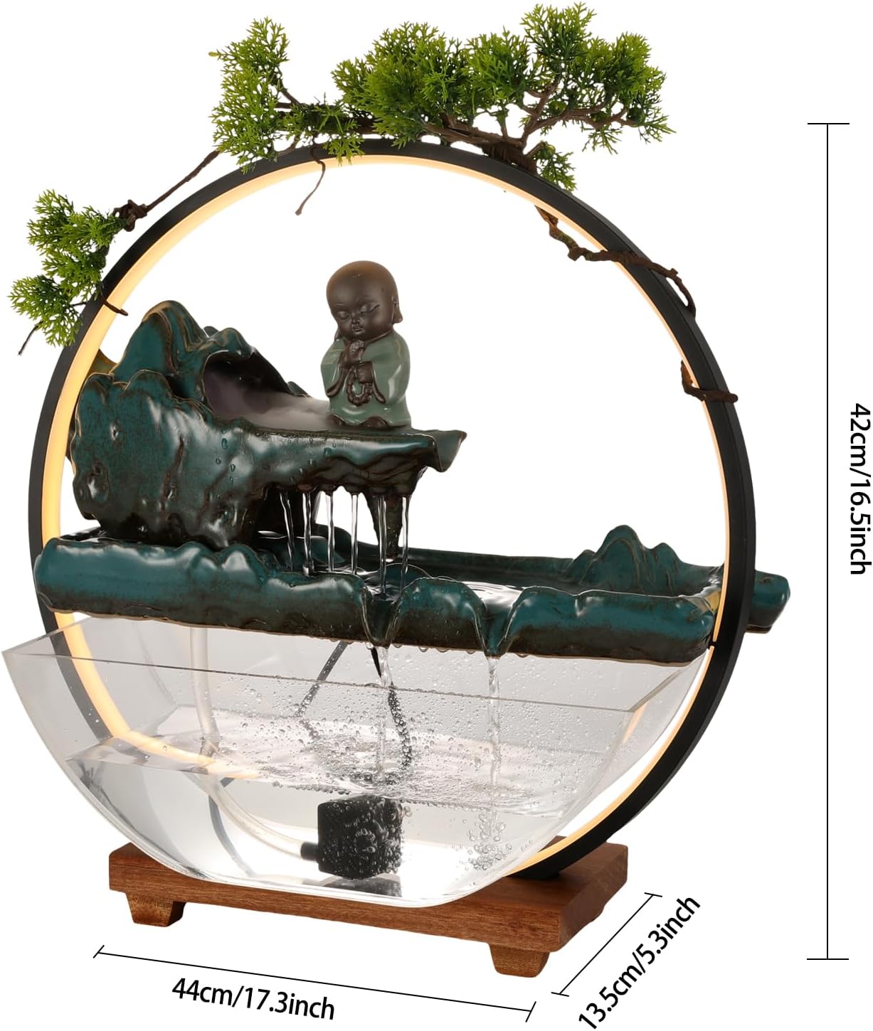 Tabletop Fountain with LED Light & Mist Maker, Wood Base Relaxing Zen Garden Water Feature for Home and Office