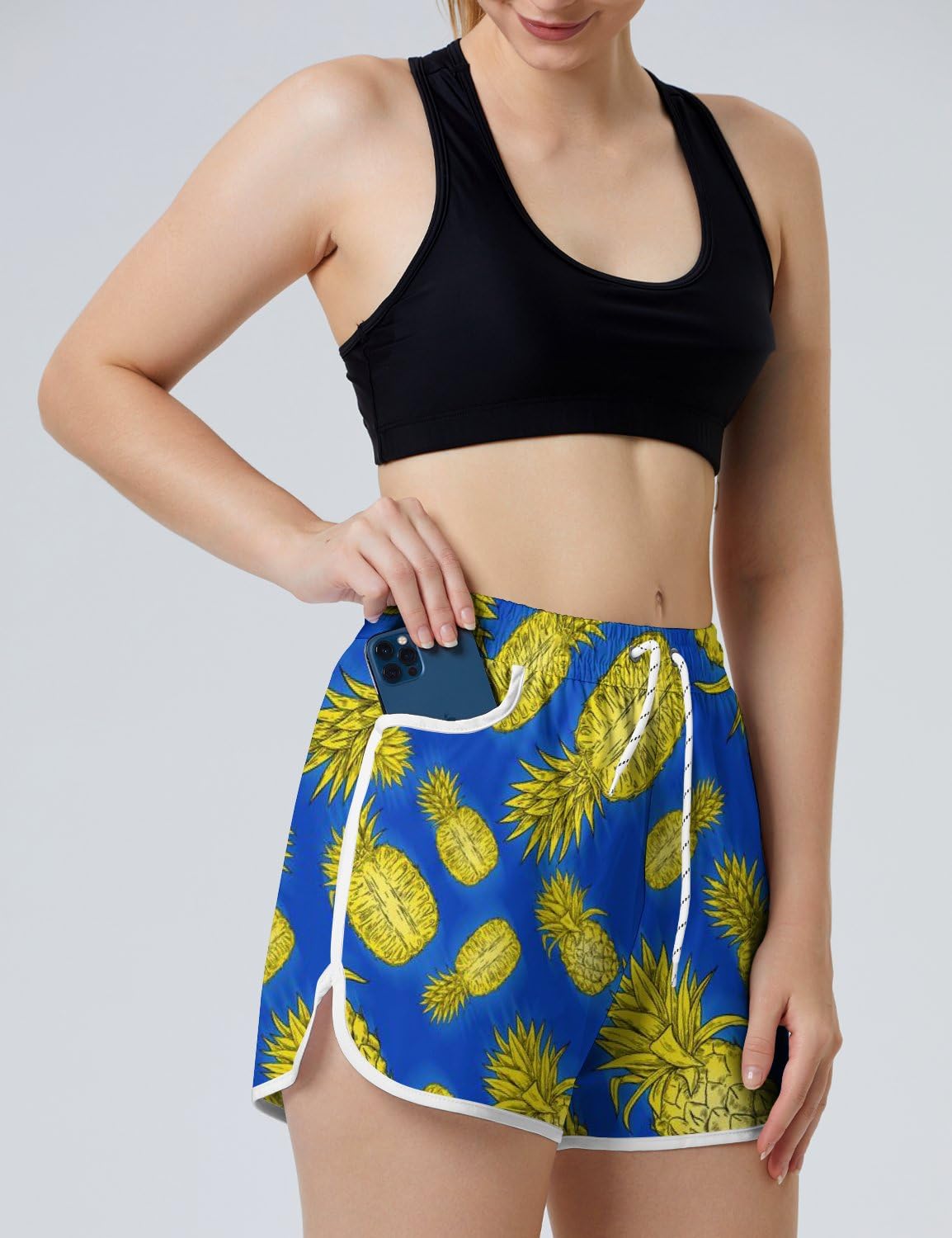 AYUNIX Women's Running Shorts with Pockets Quick Dry Performance Shorts for Women Pineapple Athletic Workout Gym Shorts White