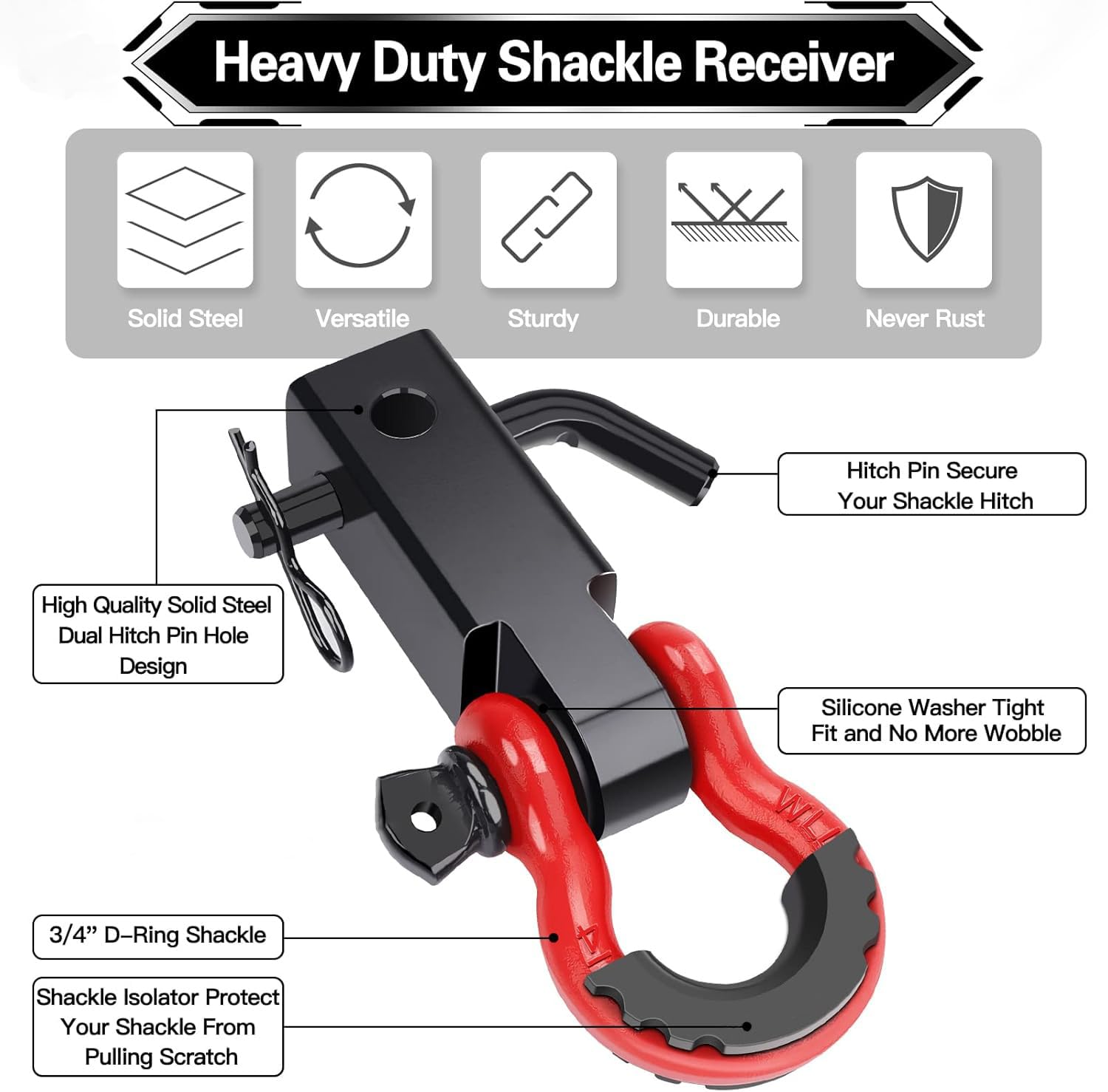 Receptor de Enganche de Grillete de Coche 2 Pulgadas, 3/4" D-Anillo y Pasador, Coche Universal Gancho de Remolque, para Camiones Jeeps Fuera de la Carretera de Recuperación