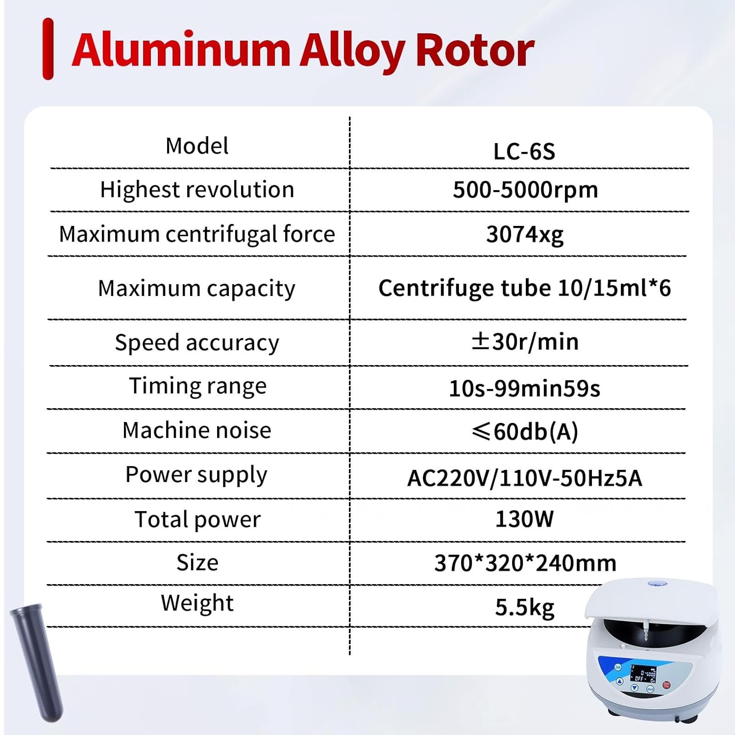Digital Low Speed Centrifuge with Timer 10s-99min, 5000rpm Max RCF 3074xg Scientific Centrifugal Tool with 6x15ml Tubes, Secure Lid-Lock 110-220V for Scientific Labs & Colleges