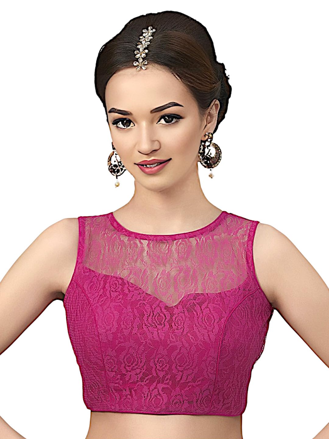 biyu Women's Floral Net High Neck Sleeveless Readymade Saree Blouse | Indian Ethnic Designer Stitched Handmade-picture-24