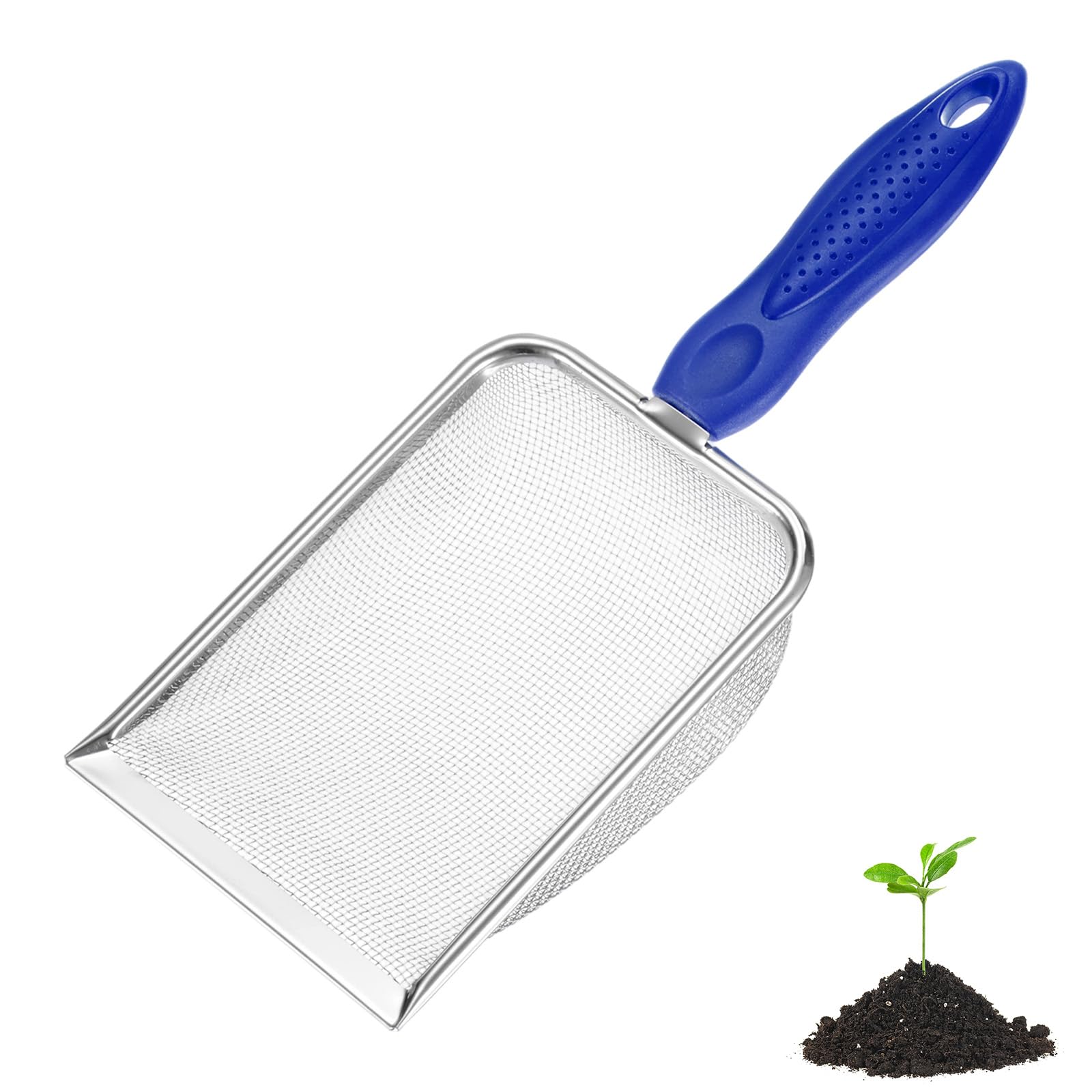 M METERXITY 1-Pack Gardening Soil Sifter, 1.5 mm Mesh Stainless Steel Portable Gardening Sifter with Non-Slip Handle for Sand/Dirt/Rock/Compost [White, Blue] — image 1