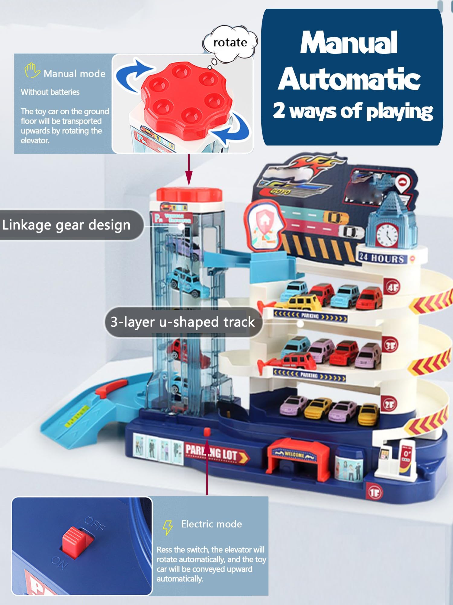 Toy Car Ramp Track Dinosaur Climbing Hills and Lifting Parking Lot with 8 Mini Racer Cars, Christmas & Birthday Toy Gift for Kids 3 4 5 6 7 8 9 Years Old (Lifting Parking Lot Track+ 4 Cars) 2