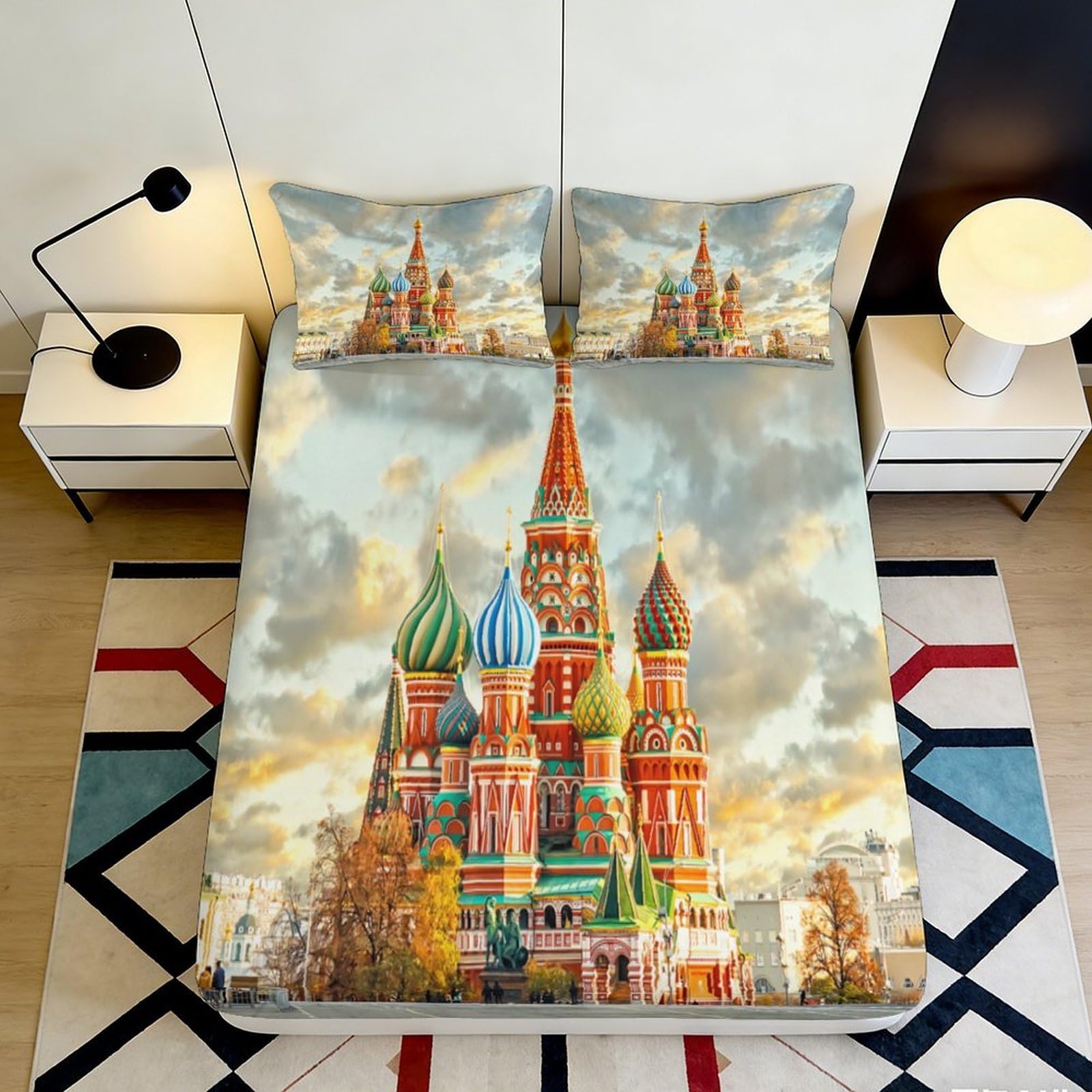 3D Printed Moscow Cathedral Fitted Sheet Microfiber Soft Colorful Russian Landmark Bed Cover for Bedroom Dorm Decor 90x200x25cm