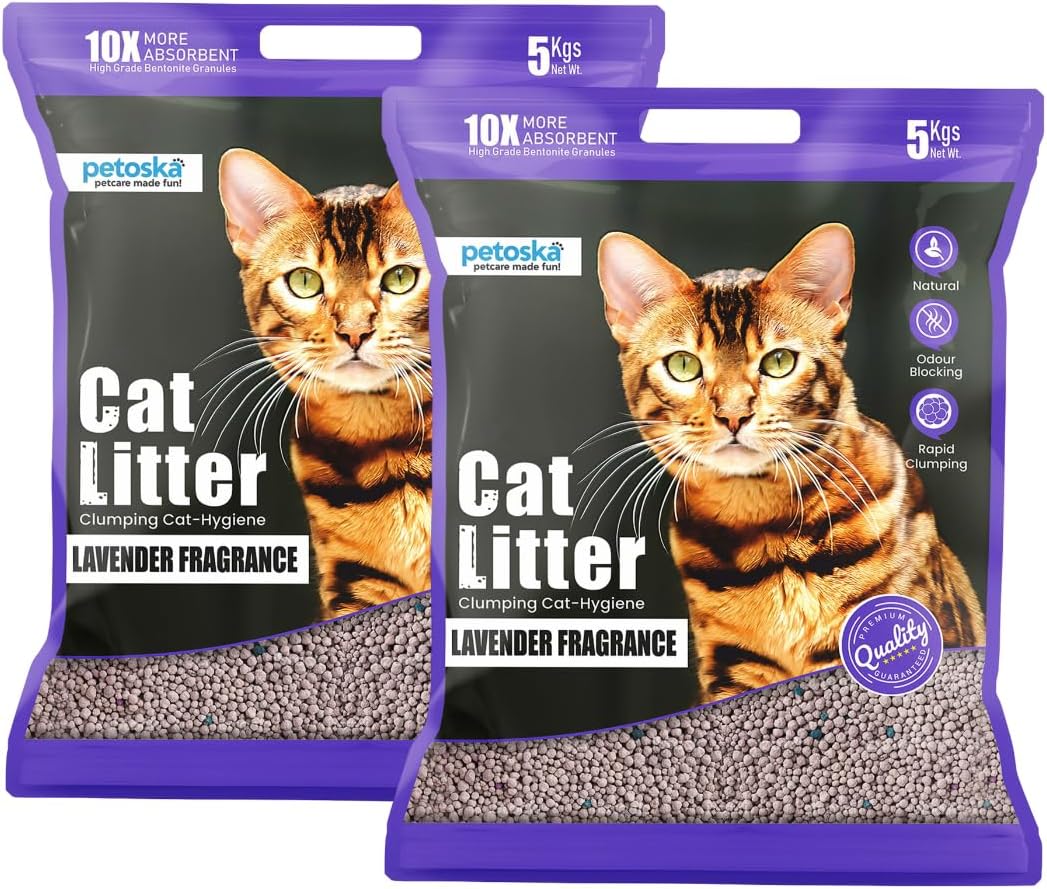 Cat Litter- 10Kg | Lavender Fragrance | Scoopable Bentonite Clay Cat Litter | Advanced Clumping Scented Litter Sand | 99.9% Dust Free | Natural | Odour Control Pack of 2