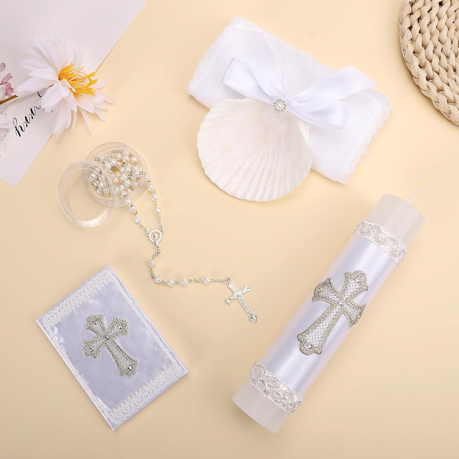 5 PCS Baptism Candle Set for Boys and Girls,White Baptism Kit Candle,Towel,Shell,Rosary andBible for Baptismal Christening First Communion Gift,Velas para Bautizo De Niño o Niña