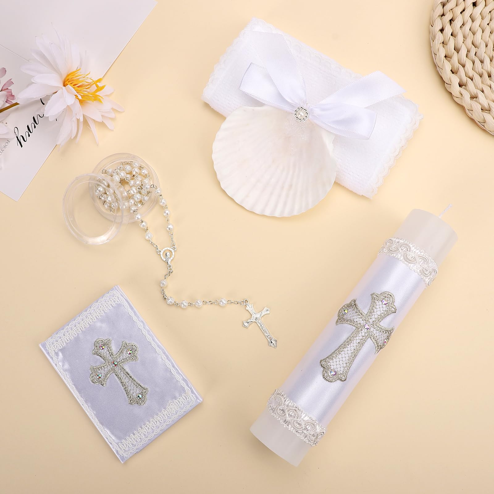 Juego de 5 velas de bautizo para niños y niñas, kit de bautizo blanco, vela, toalla, concha, rosario, Biblia para bautizo, regalo de primera comunión, velas para bautizo de niño o niña