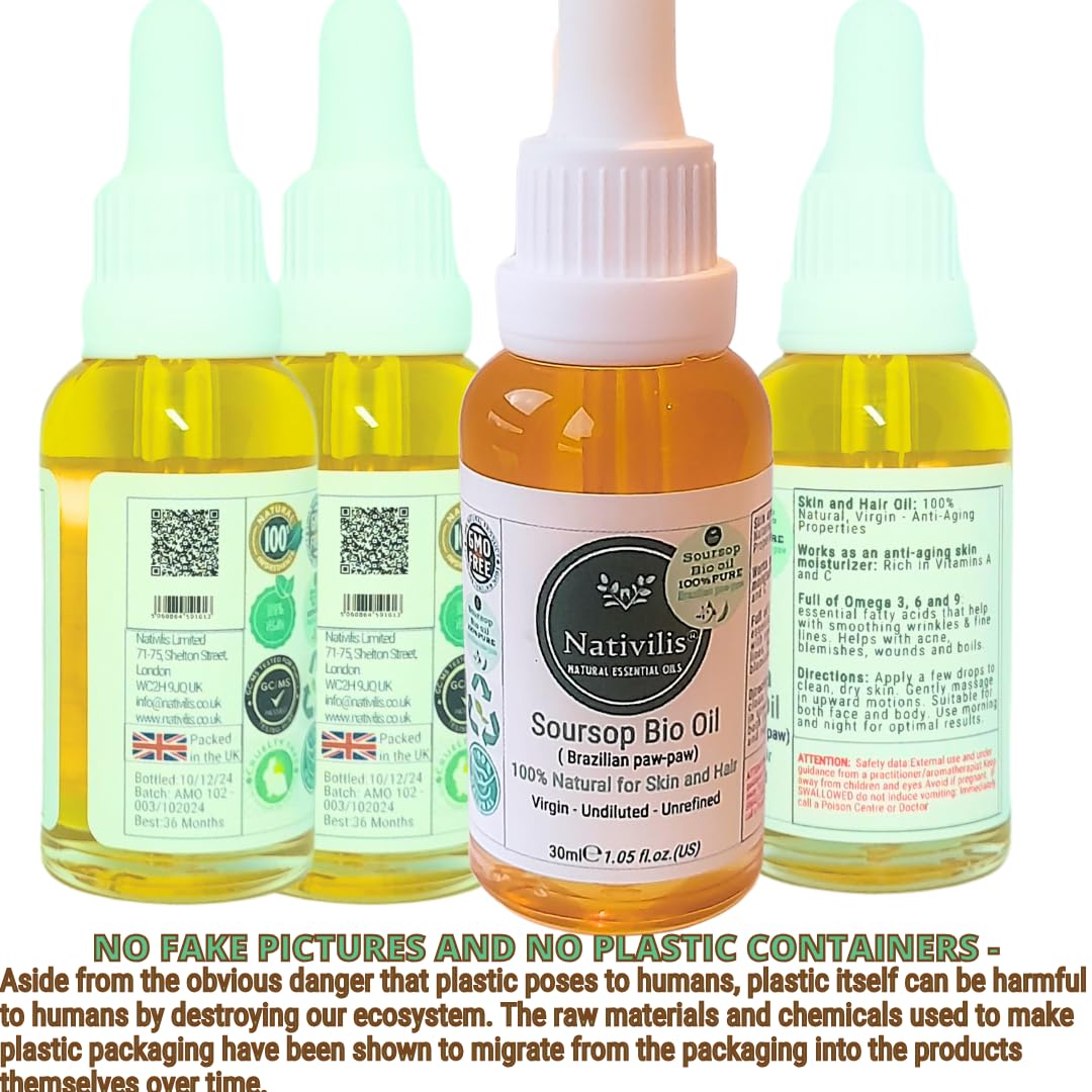 Nativilis Soursop Bio Oil, 30ml, 100% Natural Virgin Unrefined Brazilian Paw-Paw Oil for Skin and Hair, Gold, 30 ml (Pack of 1) - Image 3