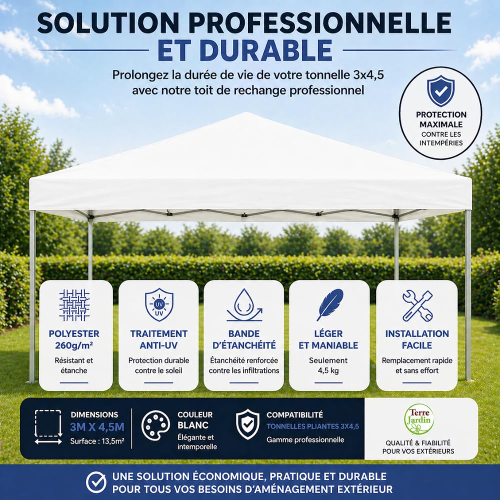 TERRE JARDIN Toit pour tonnelle Pliante Pro 3 X 4,5 m - Unité - Blanc
