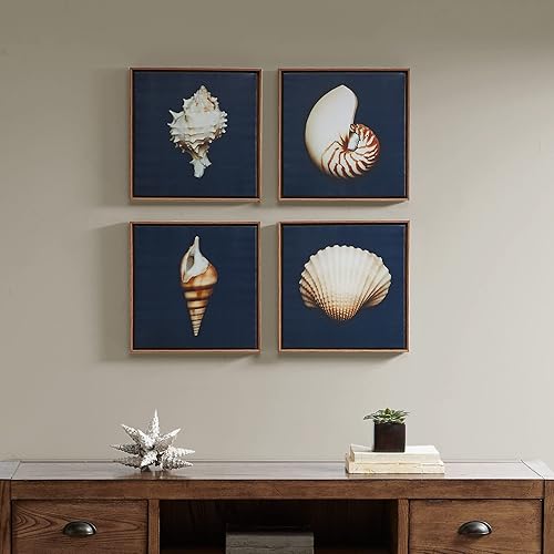 Madison Park, Ocean Seashells - Juego de 4 piezas de arte para pared, lienzo enmarcado, diseño costero moderno, pintura de retrato inspirado en el