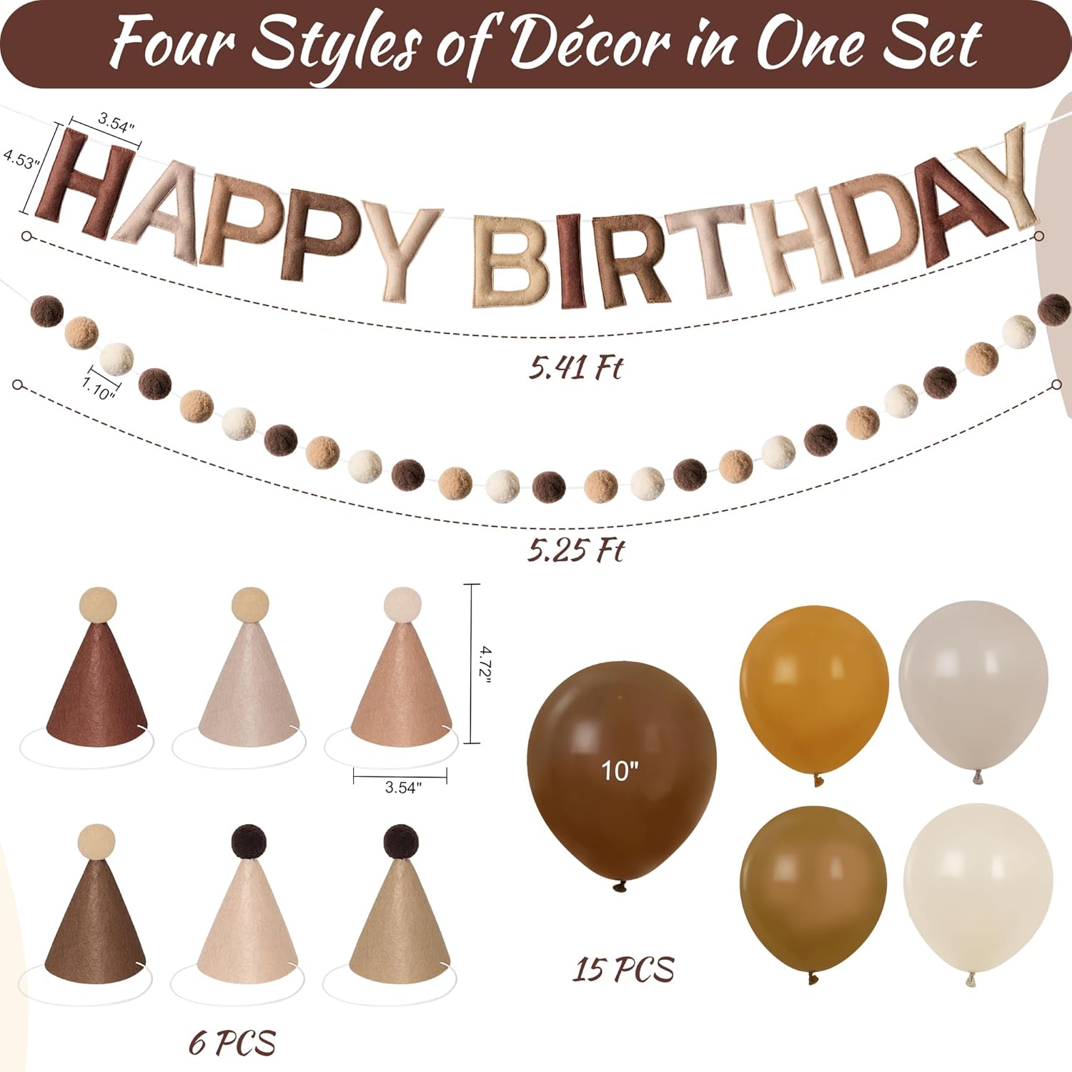 Kriyokiaa Pre-Strung Felt Happy Birthday Banner Retro Brown Happy Birthday Party Decorations with Party Hats for Stuffed Animals, Pom Pom Garland and Balloons for Women Men Boys Girls Party Decor