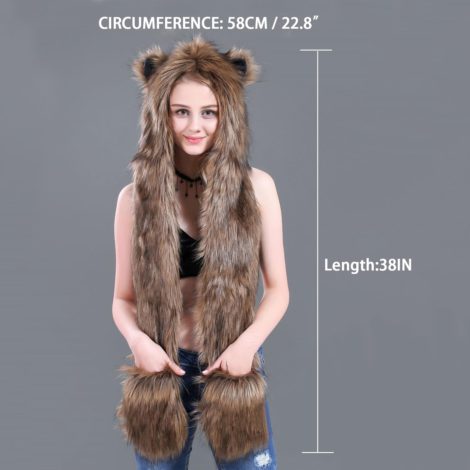 3 en 1 Hiver Fausse Fourrure Animal Chapeau à Capuche Echarpe avec Oreilles Empreintes de Pattes Moufles de Poche Gants