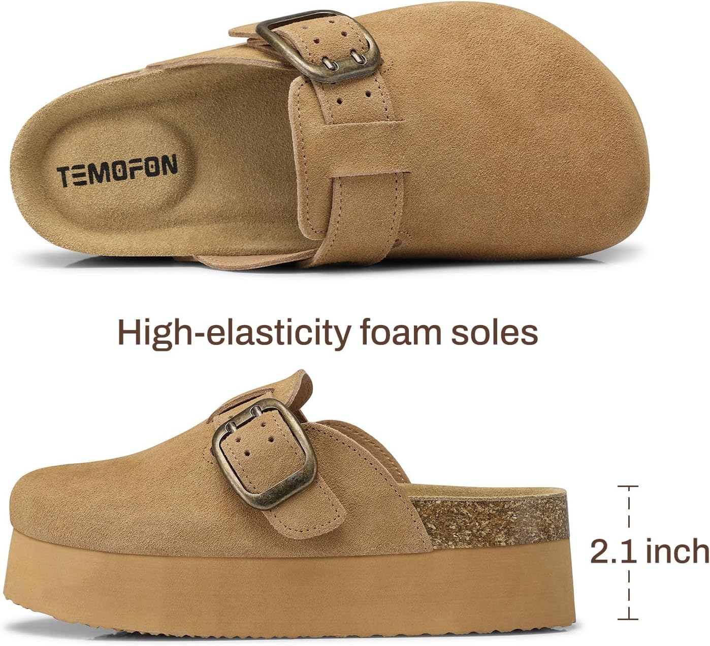 TEMOFON Genuine Suede Clogs for Women: Comfortable Leather Platform Mules & Clogs for Women Footwear - Cork Footbed Closed Toe Sandals Potato Shoes - Image 4
