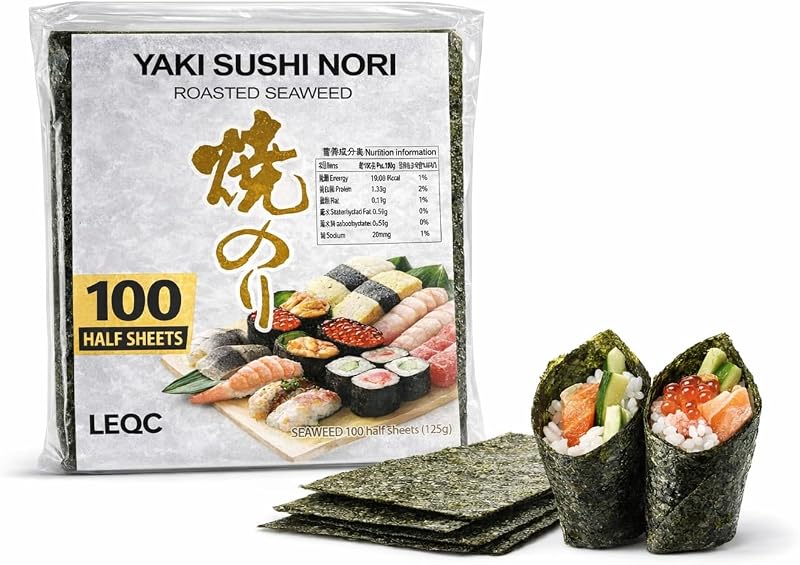 Hojas de Sushi Nori – Algas marinas de grado profesional para rollos de sushi, Onigiri y Bento (tamaño de medio corte – 100 hojas (1 paquete))