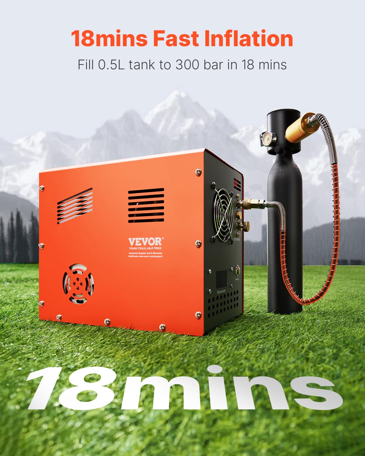 VEVOR Compresseur d'air PCP, 300 W 30 MPa, avec convertisseur intégré et système de refroidissement par ventilateur, arrêt automatique, pompe de réservoir de paintball sans huile pour pistolet à air