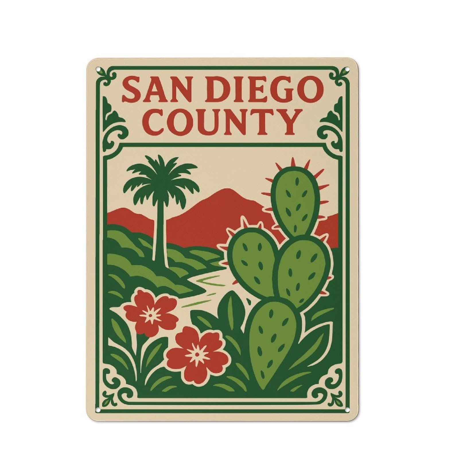 Junmoney Style-17 Vintage Tin Sign 40X30cm With San Diego County Landscape Illustration For Hobby Room Or Studio, For Metal Sign Collectors, For Garage And Workshop Walls