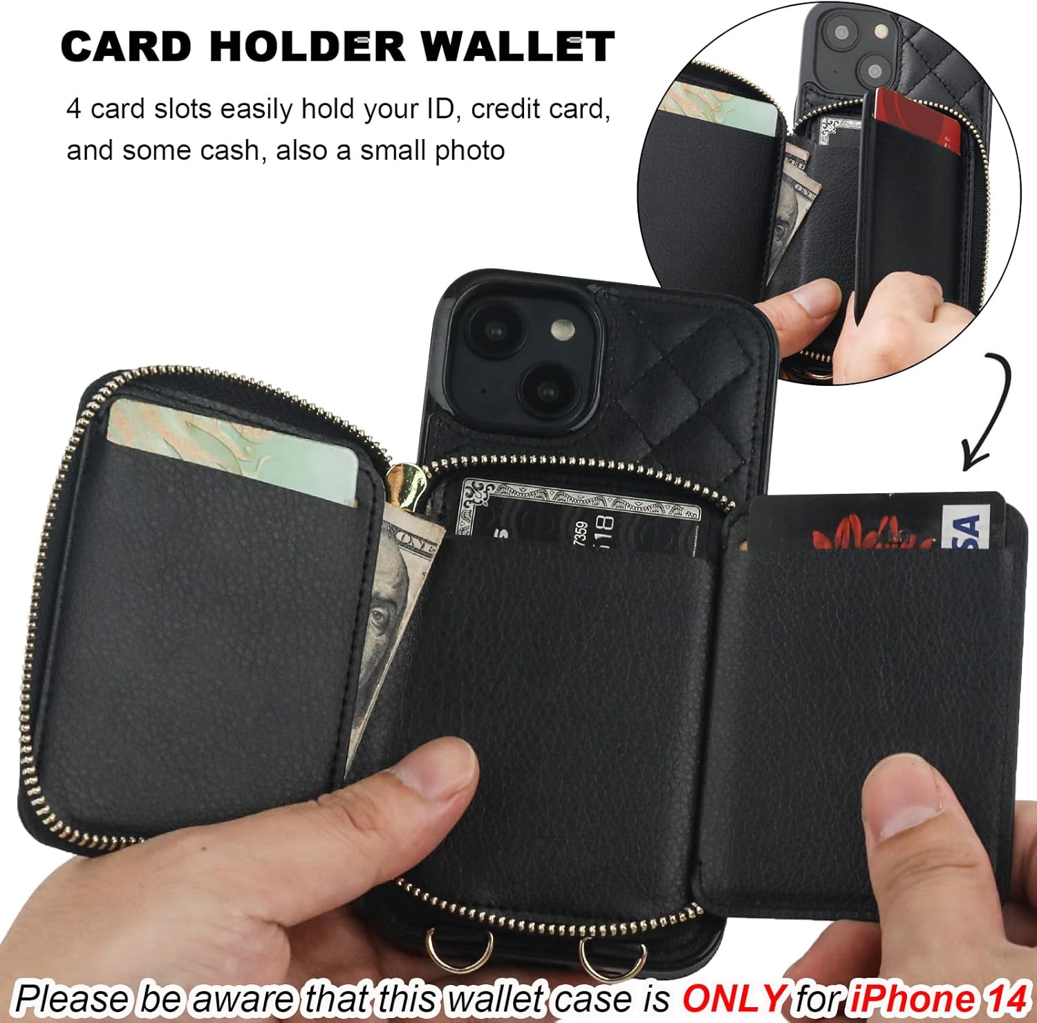 Bocasal Crossbody Wallet Case for iPhone 14, RFID Blocking PU Leather Zipper Handbag Purse Flip Cover, Kickstand Folio Case with Card Slots Holder Wrist Strap Lanyard 5G 6.1 Inch (Black) - Image 4