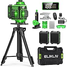 【2025最新改良】Elikliv レーザー墨出し器 グリーンレーザー 水平器 4x360° 16ライン フルライン 電量LCDディスプレー搭載 レーザーレベル 水準器ツール 回転レーザー線 緑色 小型 コンパクト 自動補正 高輝度 高精度 受光器対応 軽天作業 DIY 測量建築 リモコンコントロール 大容量バッテリー2個・360°回転金属ベース・三脚付き 型番：R16 Pro