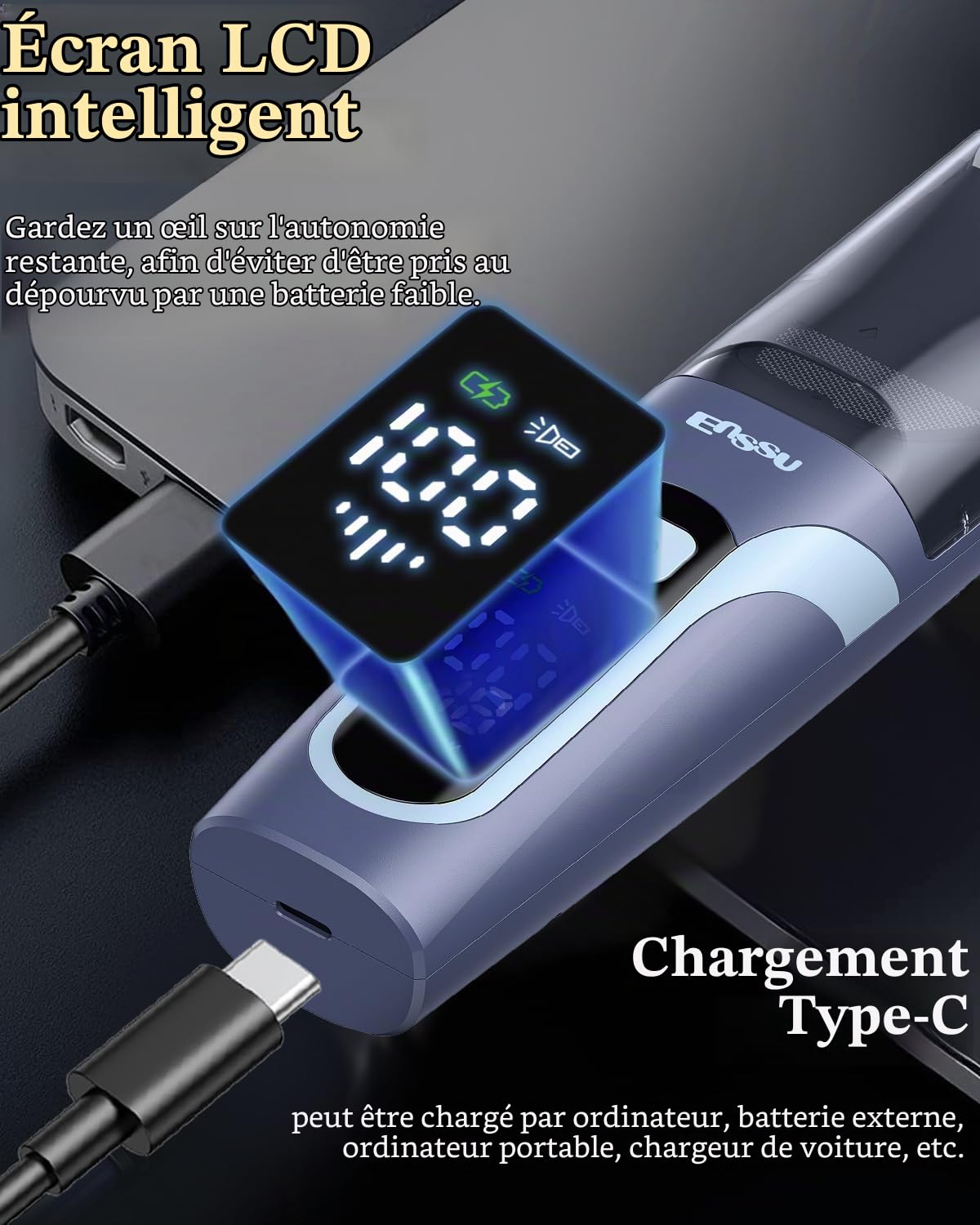 ENSSU Tondeuse à barbe professionnelle à vide automatique pour homme, rasoir électrique rechargeable pour homme avec cadran de longueur réglable de 1 à 20 mm, tondeuse étanche sans fil pour le visage