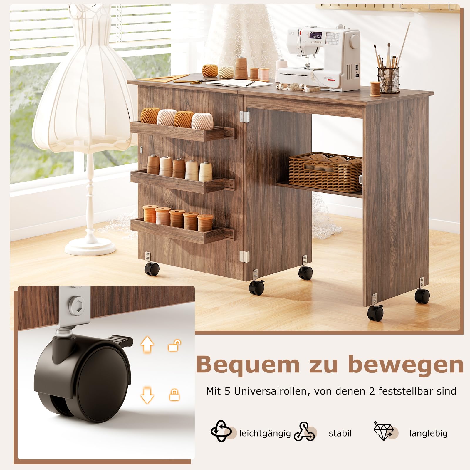 GIANTEX Nähtisch klappbar, Nähmaschinentisch auf Rollen, Nähtisch für Nähmaschine, Nähschrank Holz, Mehrzwecktisch für Wohnzimmer Arbeitszimmer Schlafzimmer (braun)