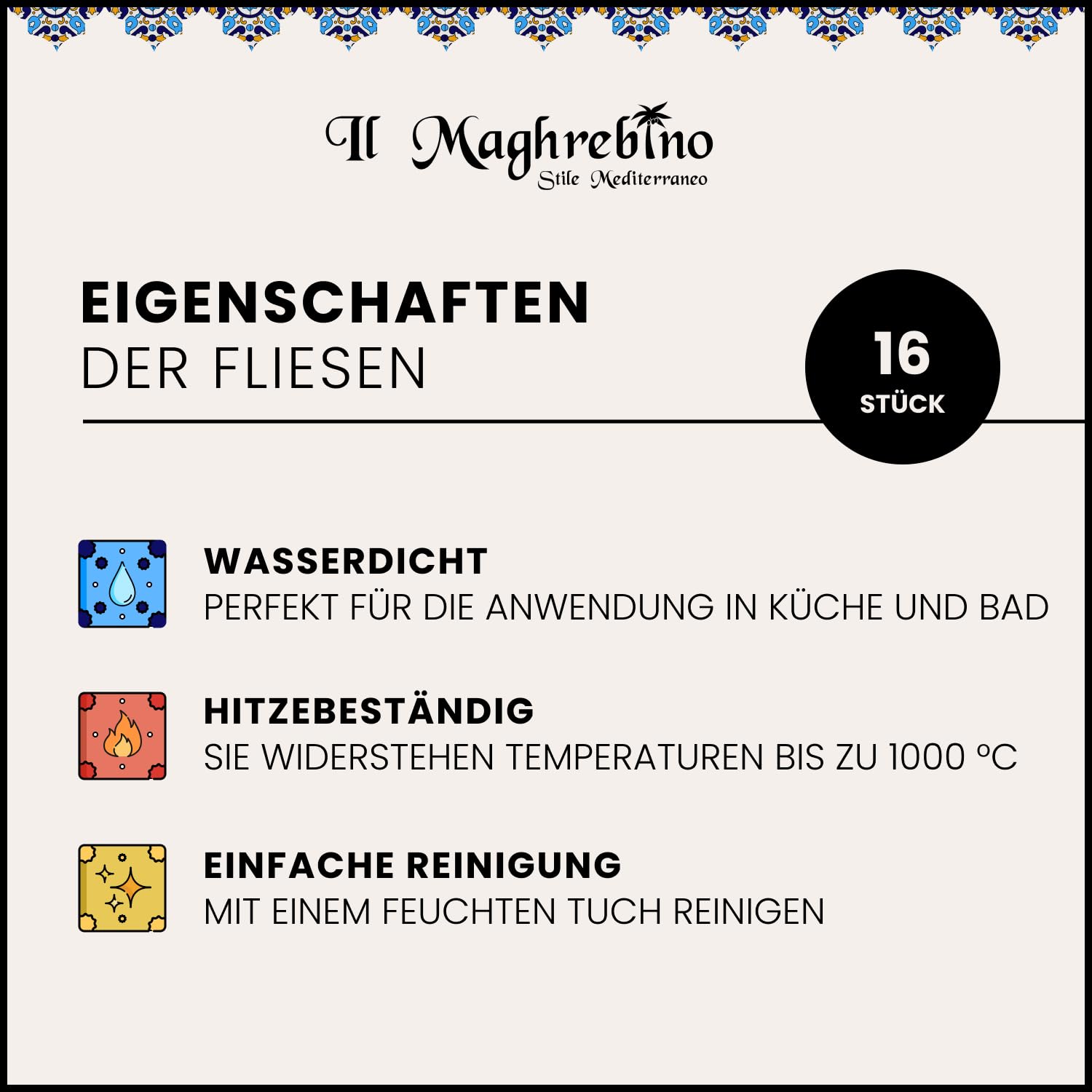 16 glasierte Keramikfliesen – Miste – 15 x 15 cm, Dicke 0,6 cm – tunesische Fliesen, hergestellt mit handwerklichem Siebdruck – geeignet zum Abdecken