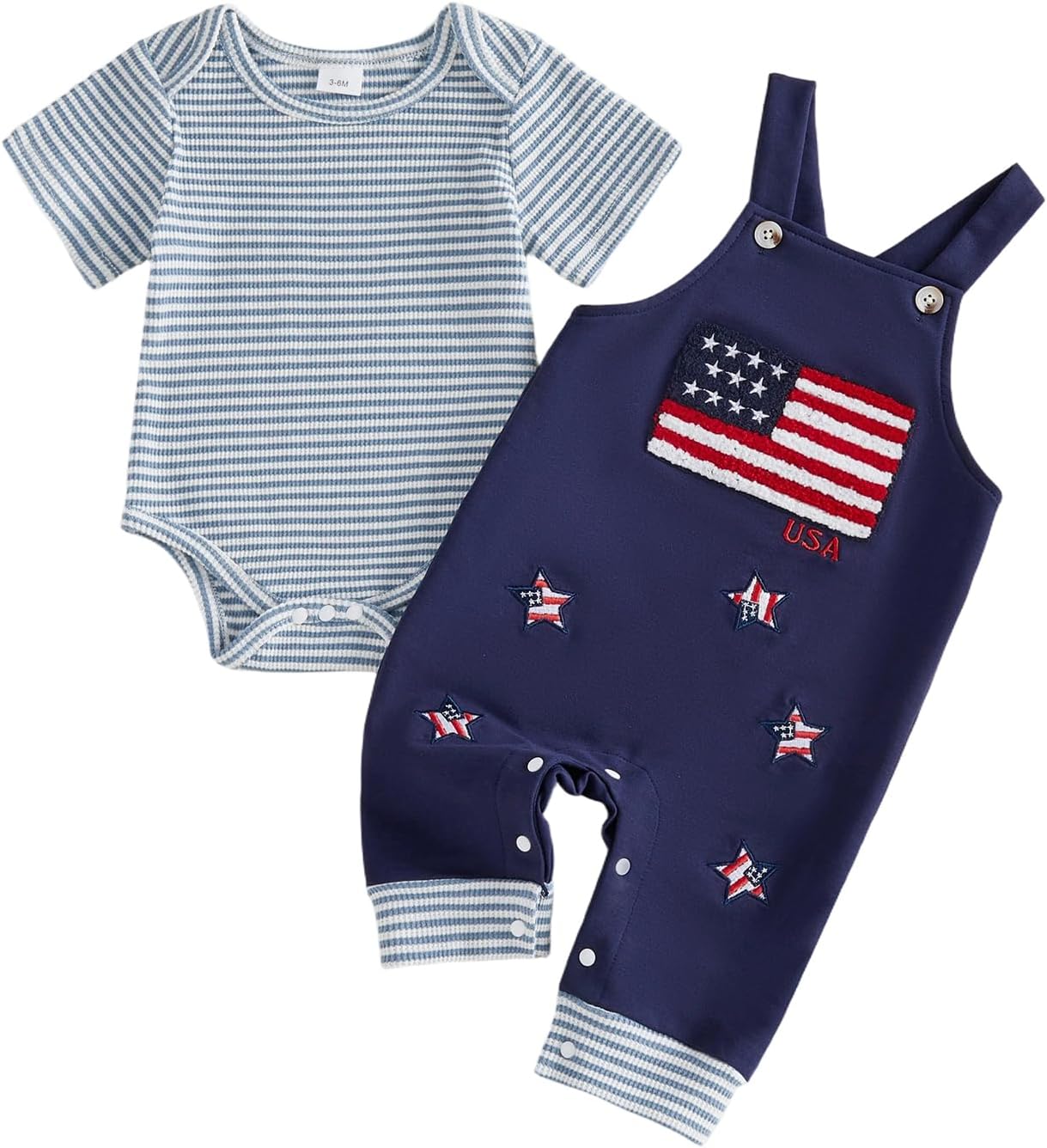 Sasaerucure Baby Boy 4th of July Outfit Short Sleeve Romper Suspender American Flag Jumpsuit Overall Pants Set