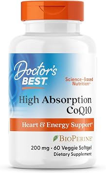 Doctors Best High Absorption CoQ10 200mg with BioPerine Supplement - Coenzyme Q10 Softgels for Heart Health & Antioxidant Support, CoQ10 200 mg for Women & Men, Non GMO - 60 Veg Softgels