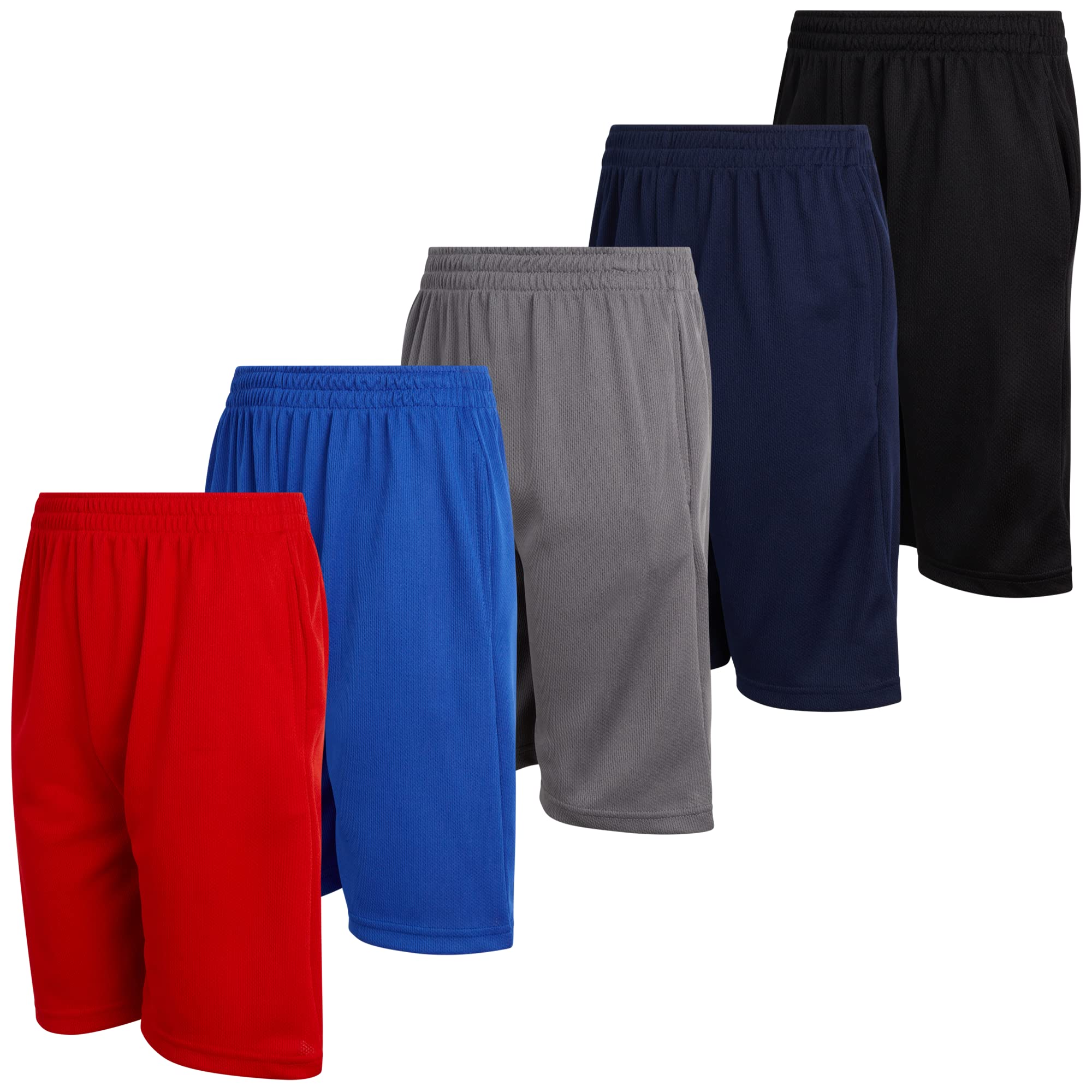 Mad Game Boys Athletic Shorts - 5 Pack Athletic Performance Mesh Running Basketball Shorts for Boys with Pockets (Sizes 8-18)