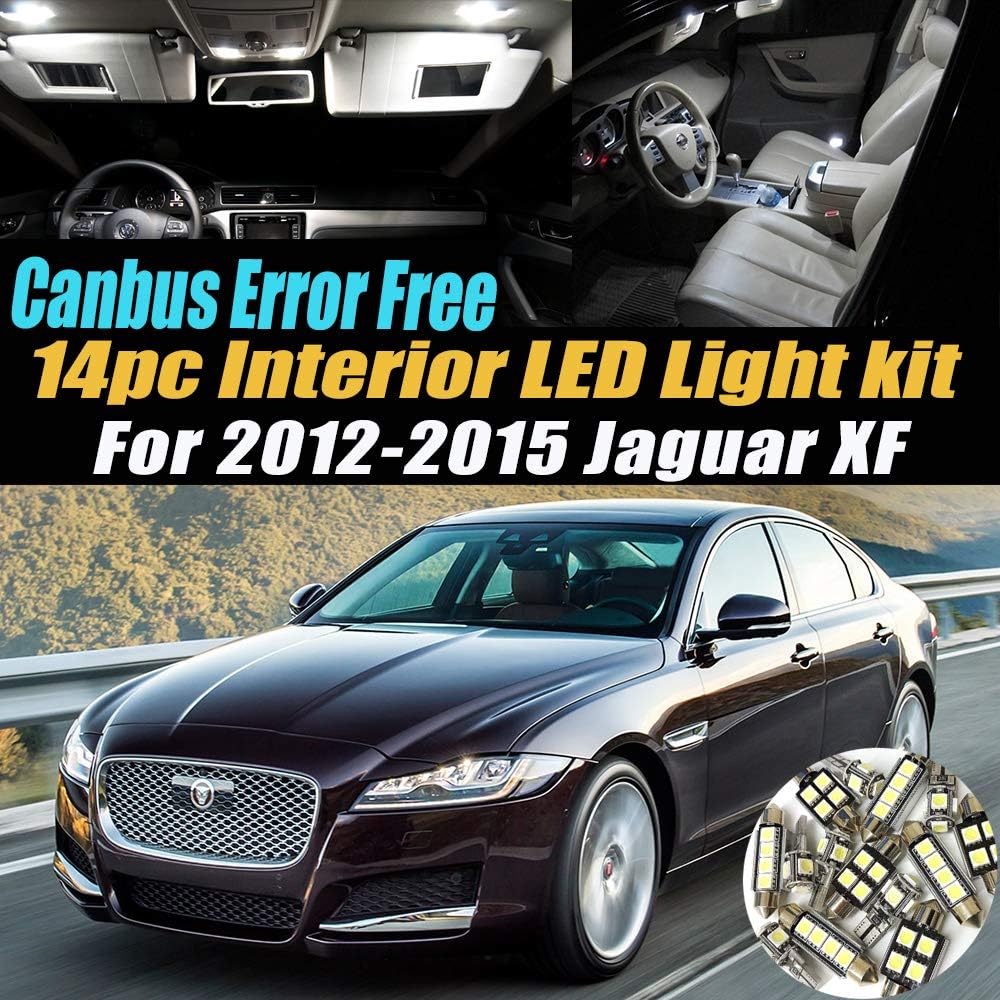 14Pc Canbus Error Free Super White 6000K Car Interior LED Light Kit Compatible for 2012-2015 Jaguar XF Equipped w/Advanced Computer system