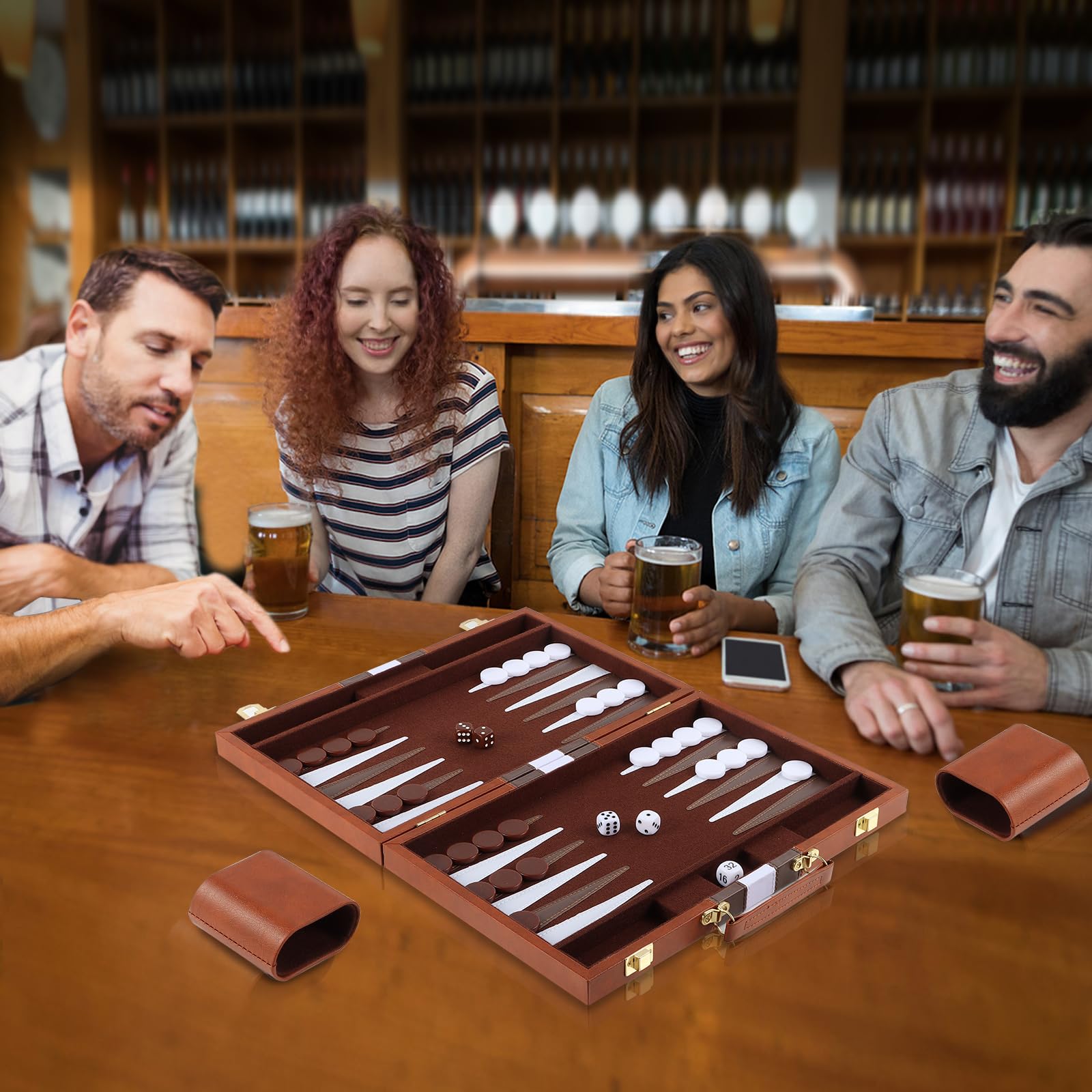 Vehipa 38cm Backgammon Koffer mit komplettem Zubehör für 2 Spieler (Braun) | Kunstleder Mit Tragegriff, Samtiges Innenfutter Geräuscharm, Becher, Spielsteine Und Würfel, Für Erwachsene