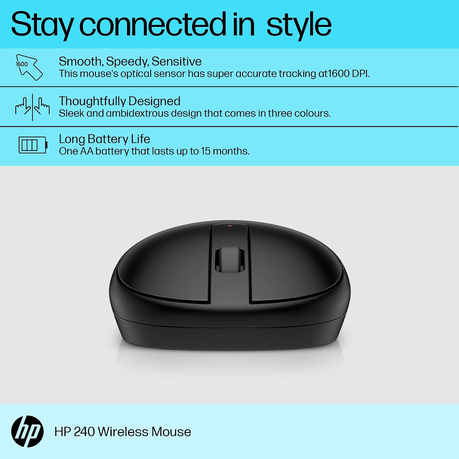 HP 240 Bluetooth® Mouse, Lock On with Bluetooth® 5.1 Wireless connectivity, Super Accurate Tracking at 1600 DPI, Sleek ambidextrous Design with Three Buttons and a Scroll Wheel (3V0G9AA),Black