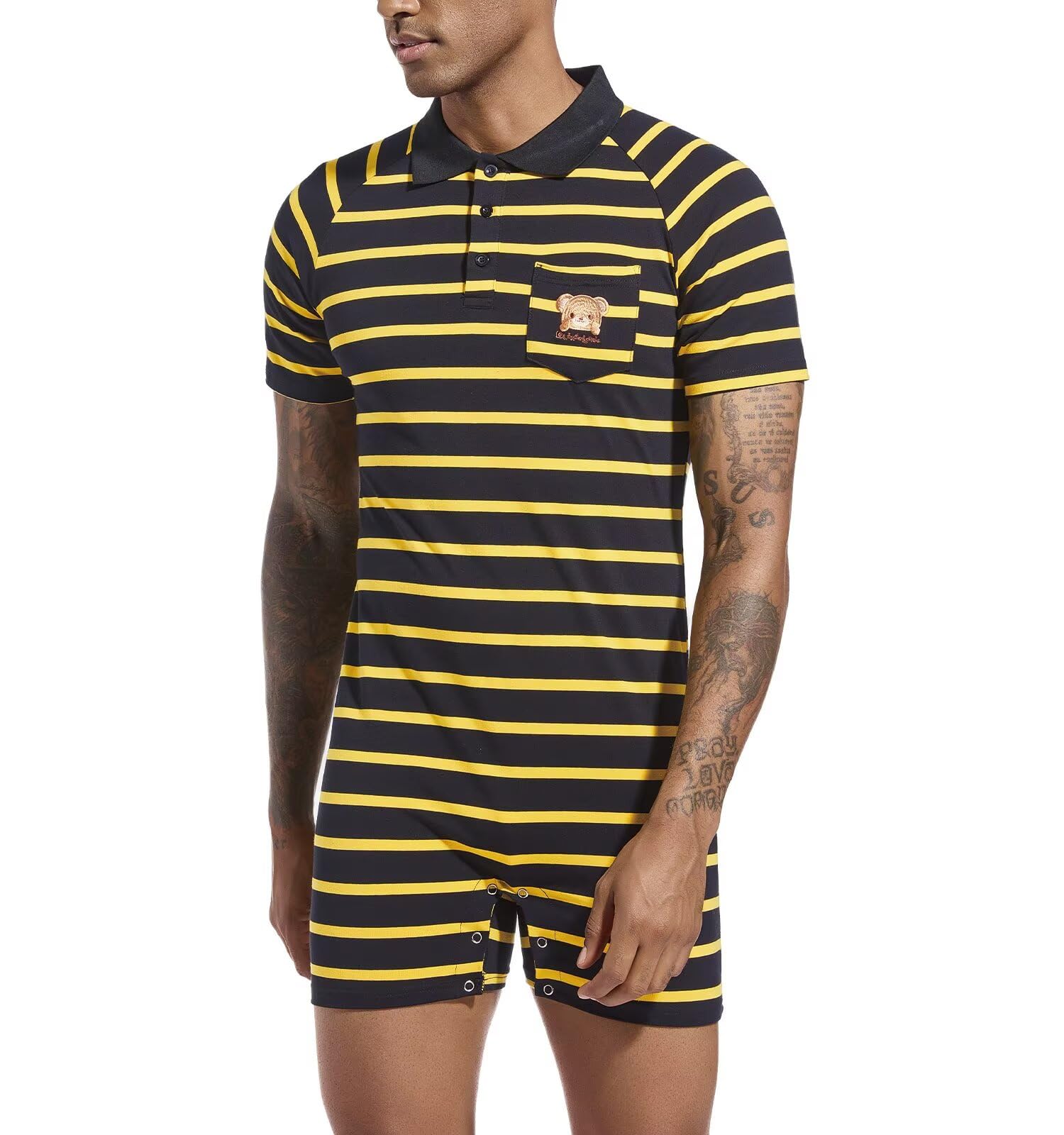 Landofgenie Onesie Pyjama Herren Kurzarm Baumwolle Strampler One Piece Bodysuit Gestreiftes Romper für Männer