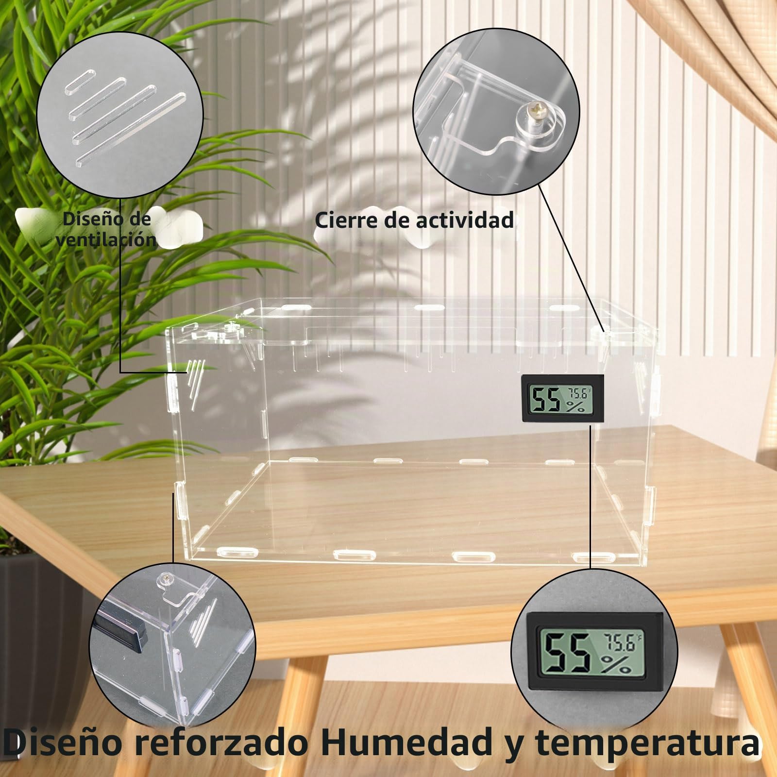 Oiakz Terrario para Reptiles Grande con Higrómetro de Temperatura - Caja de Cría Acrílica para Pequeños Reptiles e Insectos - Tanque de Jaula para Oficina y Casa, 15.7 x