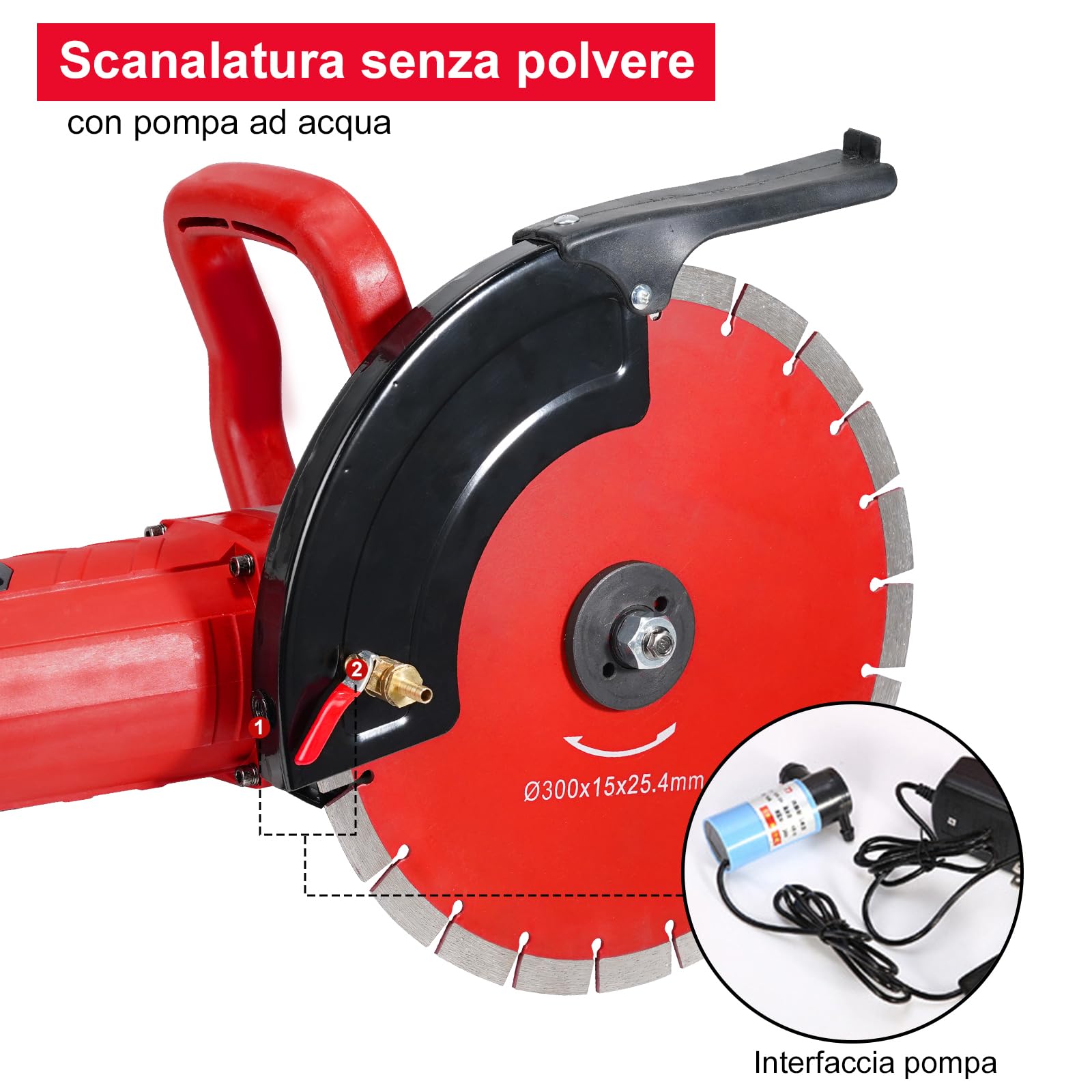 HYCHIKA 3200W Sega Elettrica per Calcestruzzo con Motore da 4300 giri/min, 305mm Scanalatrice per Tracce Muro, Include Linea d'acqua e Pompa, per Pietra, Mattoni e Legno
