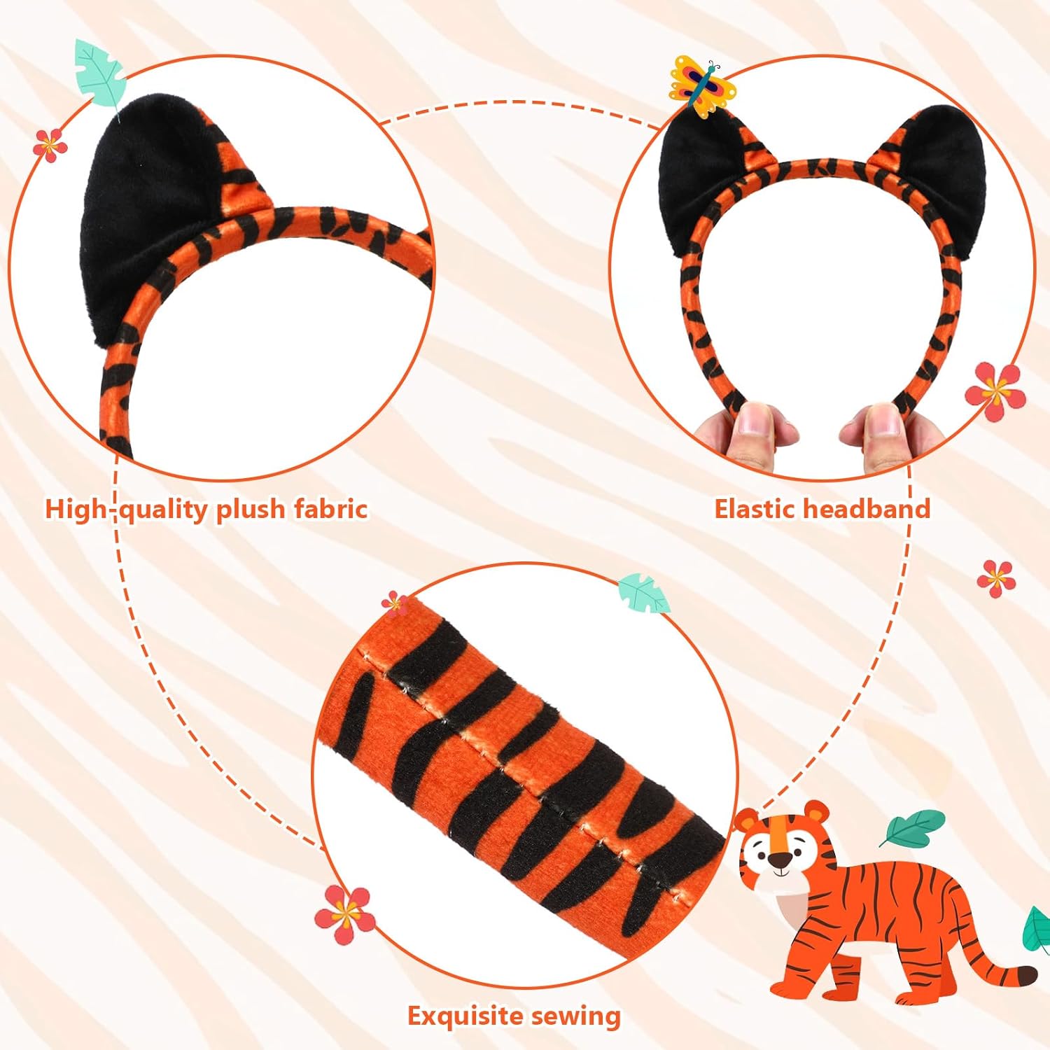 XEPST Animal Tiger Costume Set, Tiger Ears and Tail Set with Ears Headband Tail Nose Bowtie for Animal Costume Cosplay Birthday Party Halloween Fancy Dress Party Supplies, B - Image 2