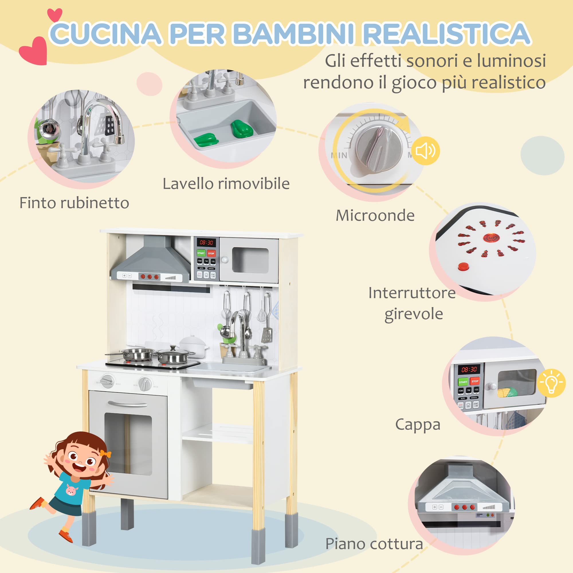 HOMCOM Cucina Giocattolo per Bambini Luci 60x30.5x93.2 cm Grigia e Bianca