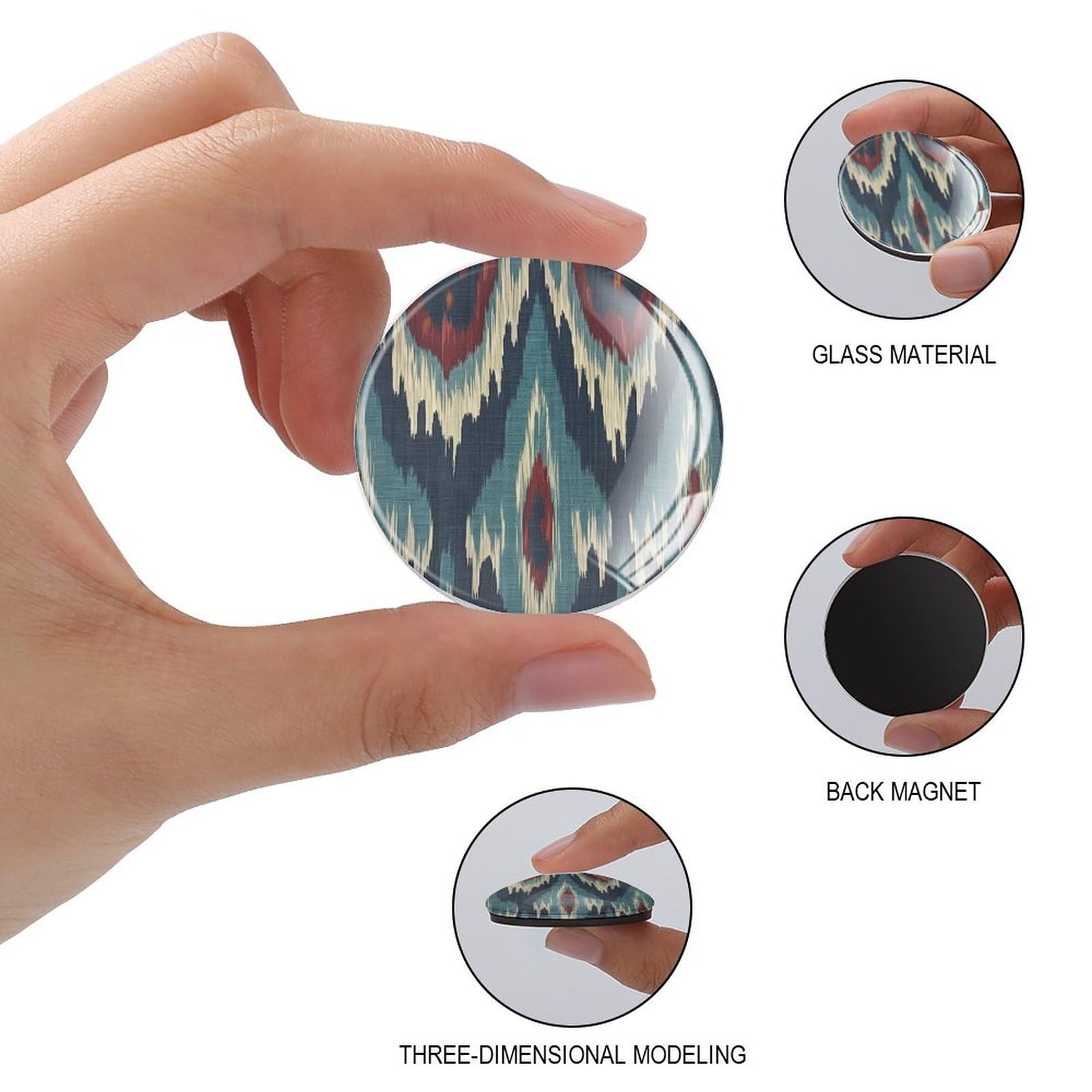 Ikat-Kühlschrankmagnete, magnetisch, für den Kühlschrank, asiatische Chinoiserie, Glas, kleine Magnete, künstlerische, starke Magnete für Klassenzimmer, Küche, Büro, Zuhause, Spind, 4 Stück