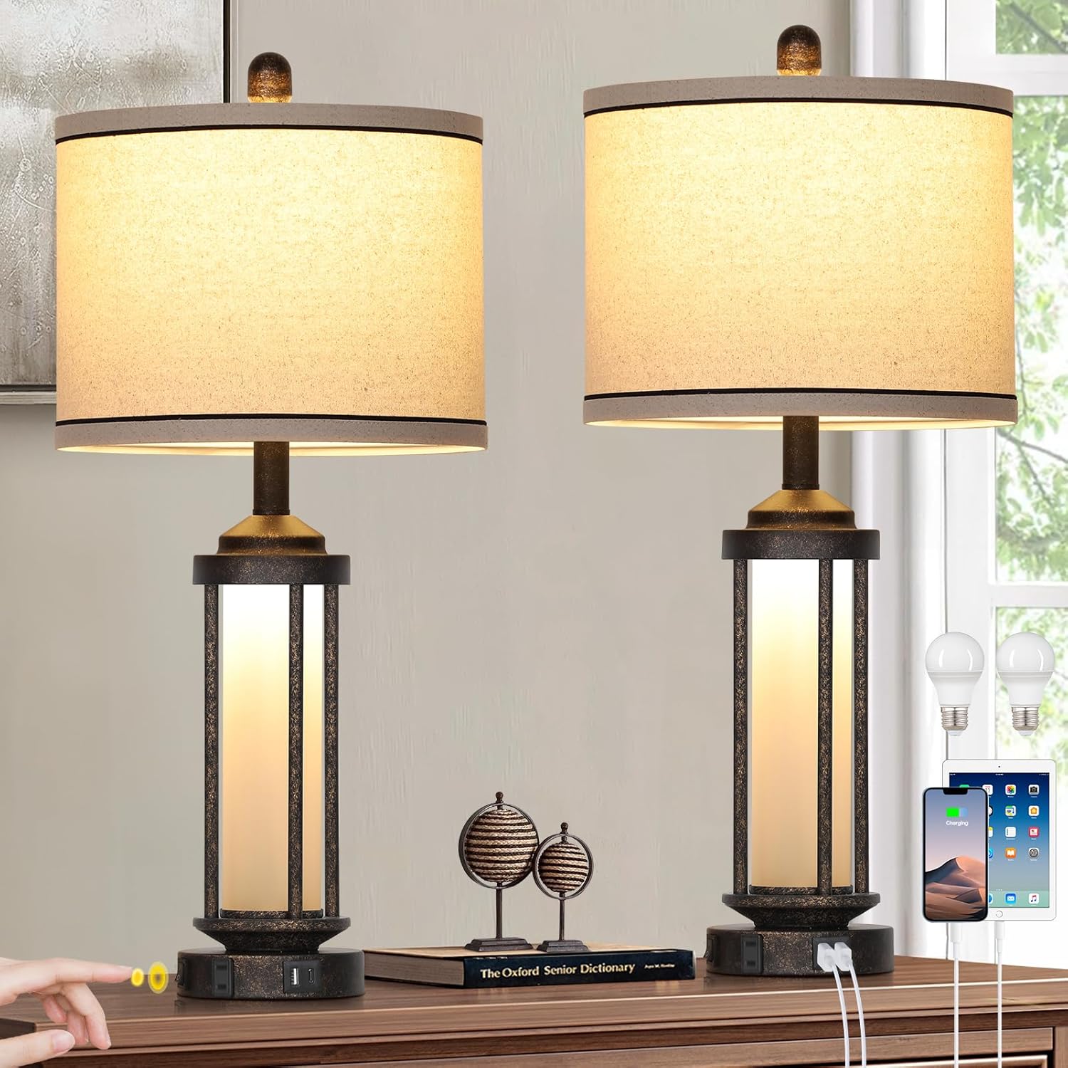 27" Farmhouse Industrial Table Lamps, Vintage Rustic Retro Beside Lamps with USB A+C Charging Ports & AC Outlet, Modern Nightstand Lamps with Glass LED Night Light for Living Room Bedrooms End Table Bronze