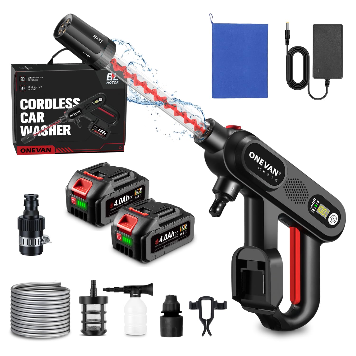 ONEVAN hidrolimpiadora bateria, 80bar, 2 baterías 4,0Ah, Prensa Espiral | Autonomía la batería 60min, Pantalla LCD, 5 en 1 boquilla, 3 etapas, alcance 10m, para lavado coches y limpieza jardines