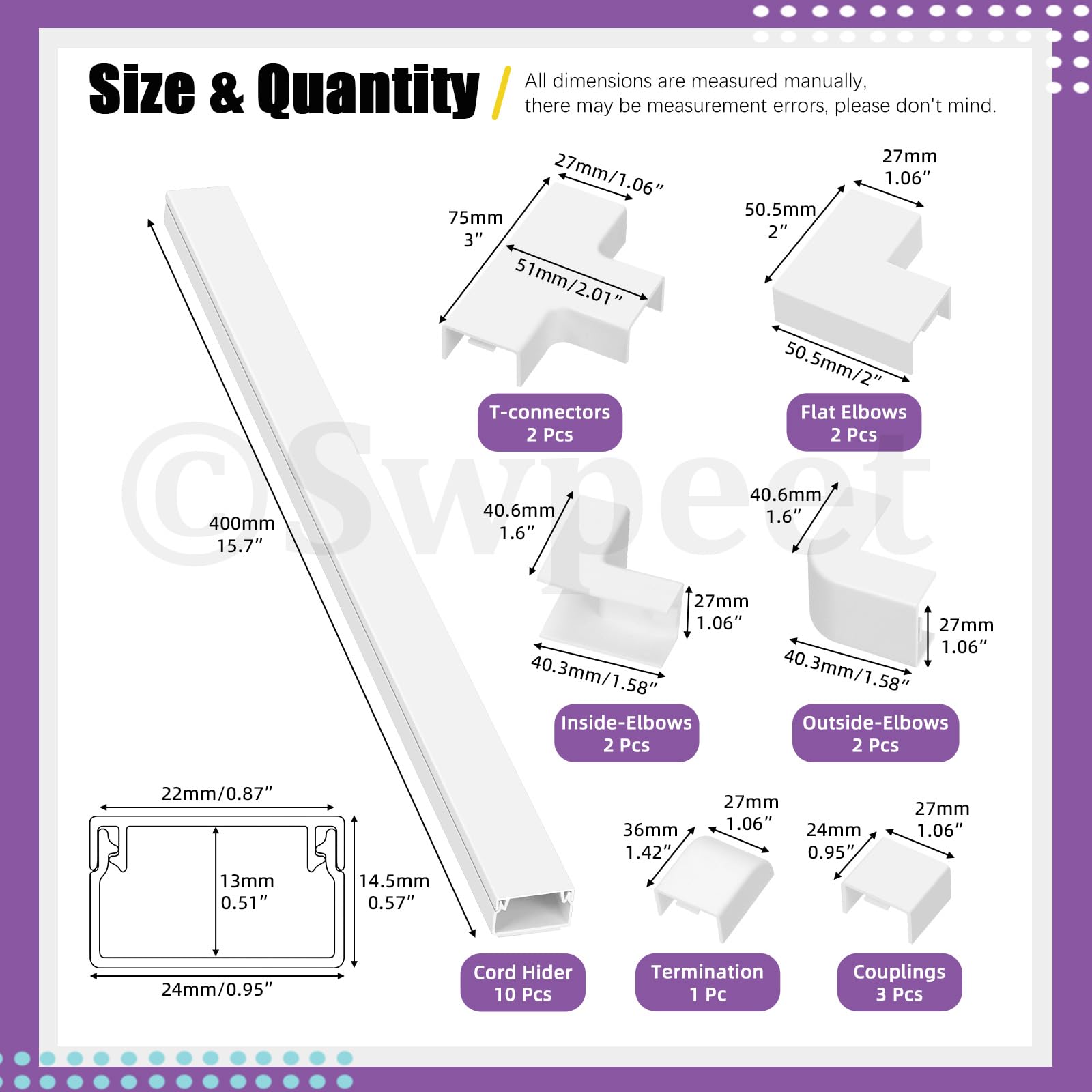 Swpeet 22 piezas de 10 x 0.95 pulgadas de ancho x 0.55 pulgadas de alto, kit de ocultación de cables, cubierta de ocultación de cables para cables en TV montada en la pared