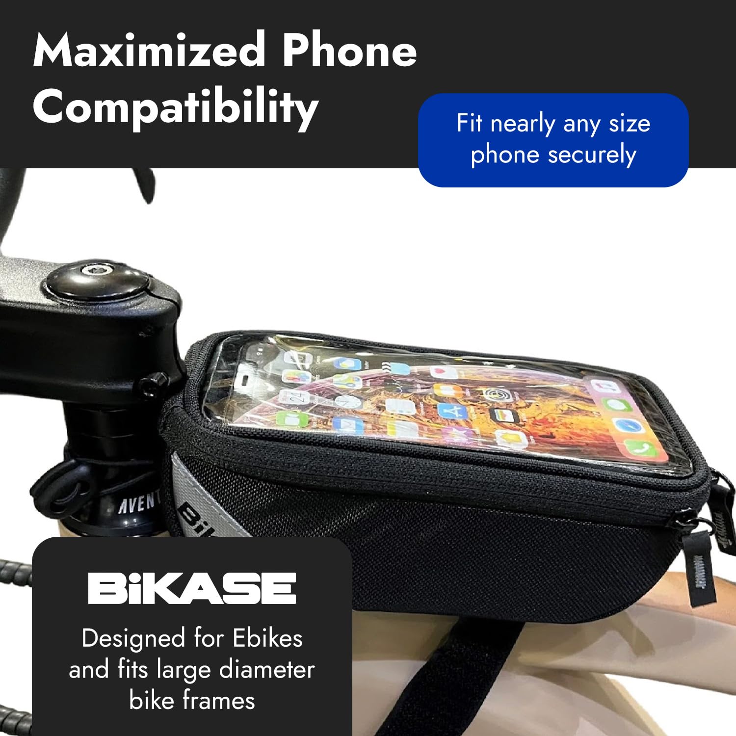 BiKase Beetle 6 Universal E-Bike Phone Case - Durable 840D Nylon Top Tube Mount Cell Phone Holder for Bicycle, Fits iPhone 15, 14/Plus/13/12 Series, Touchscreen-Compatible Window, Secure Strap System